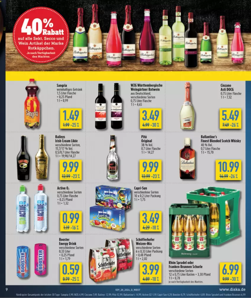 Aktueller Prospekt Diska - von 08.07 bis 13.07.2024 - strona 9 - produkty: asti, baileys, ball, blended scotch, blended scotch whisky, brunnen, cin, cinzano, drink, energy drink, flasche, franken brunnen, getränk, gin, irish cream, likör, Ria, rotwein, rwe, sangria, schöfferhofer, schorle, scotch, scotch whisky, Sprudel, tee, Ti, wein, whisky