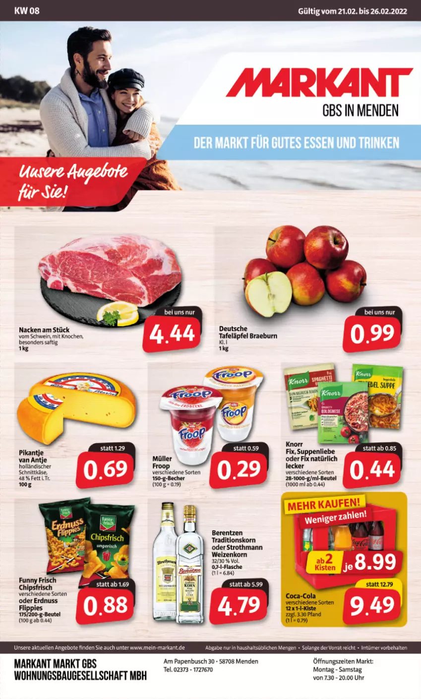 Aktueller Prospekt Markant - Prospekte - von 21.02 bis 26.02.2022 - strona 1 - produkty: angebot, angebote, Bau, Becher, beutel, elle, froop, Käse, Müller, saft, schnittkäse, schwein, tafeläpfel, Ti, uhr, wein