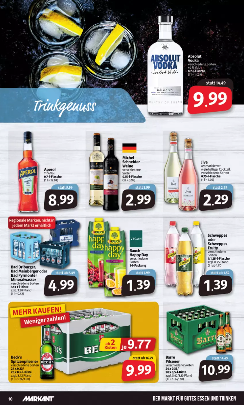 Aktueller Prospekt Markant - Prospekte - von 21.02 bis 26.02.2022 - strona 10 - produkty: Alwa, aperol, Bad, Berger, bio, burger, cocktail, flasche, Michel Schneider, mineralwasser, monte, pils, pilsener, Rauch, schweppes, Ti, vodka, wasser, wein, weine