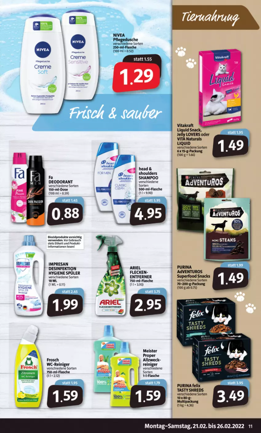 Aktueller Prospekt Markant - Prospekte - von 21.02 bis 26.02.2022 - strona 11 - produkty: ariel, bio, biozidprodukte, deo, deodorant, Desinfektion, dusche, eis, felix, flasche, Fleckenentferner, Frosch, kraft, Meister, natur, natura, nivea, pflegedusche, purina, Rauch, reiniger, resa, rwe, shampoo, snack, snacks, Ti, vita, vitakraft, wc-reiniger, weck