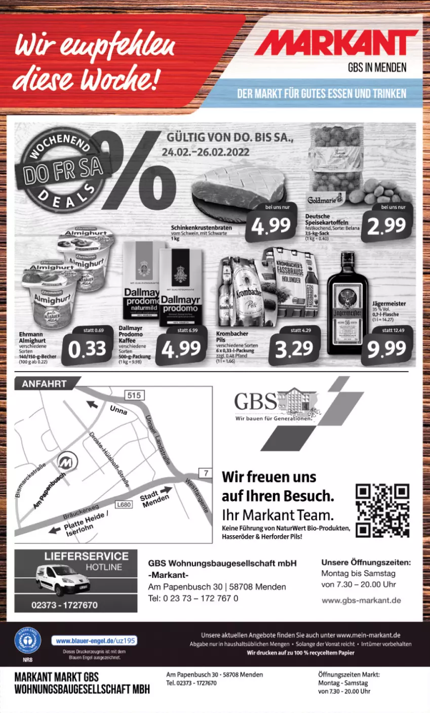 Aktueller Prospekt Markant - Prospekte - von 21.02 bis 26.02.2022 - strona 12 - produkty: angebot, angebote, Bau, bio, braten, elle, hasseröder, krustenbraten, lieferservice, natur, papier, pils, rwe, schinken, schwein, Ti, uhr, wein