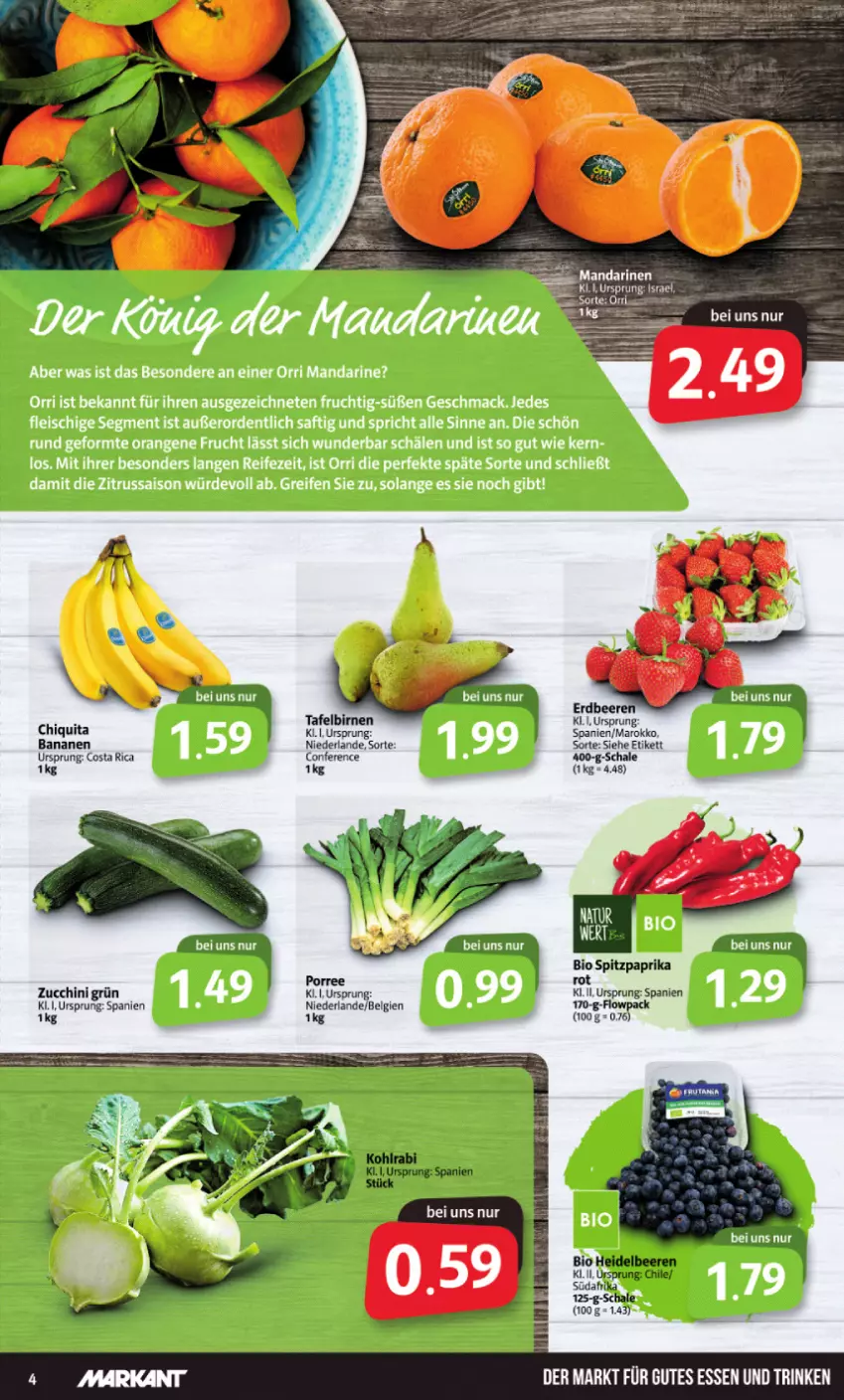 Aktueller Prospekt Markant - Prospekte - von 21.02 bis 26.02.2022 - strona 4 - produkty: banane, bananen, beere, beeren, bio, Birnen, chiquita, erdbeere, erdbeeren, gutes essen, heidelbeere, heidelbeeren, LG, mandarine, mandarinen, paprika, Schal, Schale, Spitzpaprika, tafelbirnen, Ti, zucchini