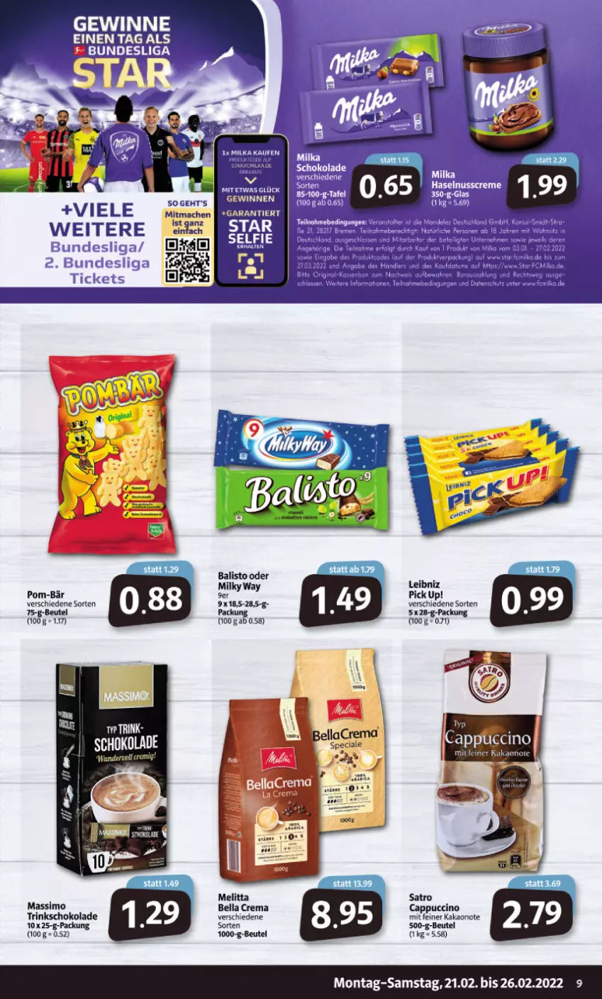 Aktueller Prospekt Markant - Prospekte - von 21.02 bis 26.02.2022 - strona 9 - produkty: balisto, bella crema, beutel, Cap, cappuccino, cin, kakao, leibniz, LG, melitta, milka, milky way, Pick Up!, pom-bär, schoko, schokolade, sim, tee, Ti