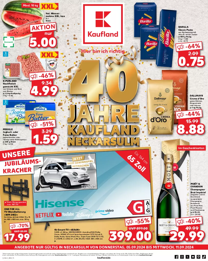 Aktueller Prospekt Kaufland - Extra-Angebote - von 05.09 bis 11.09.2024 - strona 1 - produkty: angebot, angebote, barilla, bohne, bohnen, braten, brut, butter, champagne, champagner, chardonnay, d'oro, dallmayr, dvb, DVB-T, eis, ente, fleisch, gin, gsw, hackfleisch, hackfleisch gemischt, hartweizen, HDMI, joghur, joghurt, Jubiläums, kracher, LG, mac, meggle, melone, Mode, nuss, pasta, Pinot, Pinot Meunier, pinot noir, purland, reis, Ria, rind, schwein, schwein und rind, Ti, tuner, usb, wandhalterung, wasser, wassermelone, wein, ZTE