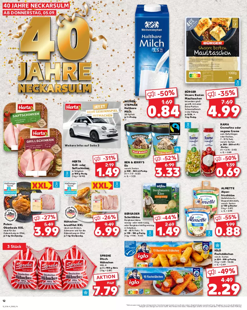 Aktueller Prospekt Kaufland - Extra-Angebote - von 05.09 bis 11.09.2024 - strona 12 - produkty: almette, alpenfrischkäse, angebot, auer, Bau, Bauer, Becher, bergader, Bergkäse, braten, brustfilet, creme, doppelrahmstufe, eis, filet, fisch, fischstäbchen, fleisch, frischkäse, gewinnspiel, grill, hähnchenbrust, hähnchenbrustfilet, haltbare milch, herta, ideal zum braten, iglo, Käse, mac, maultaschen, Mett, milch, nuss, Ofen, pute, Putenoberkeule, rama, rama cremefine, saft, saftschinken, schinken, schnittkäse, schwein, schweine, schweinefleisch, Tasche, taschen, Ti, weihenstephan, wein, weine, ZTE