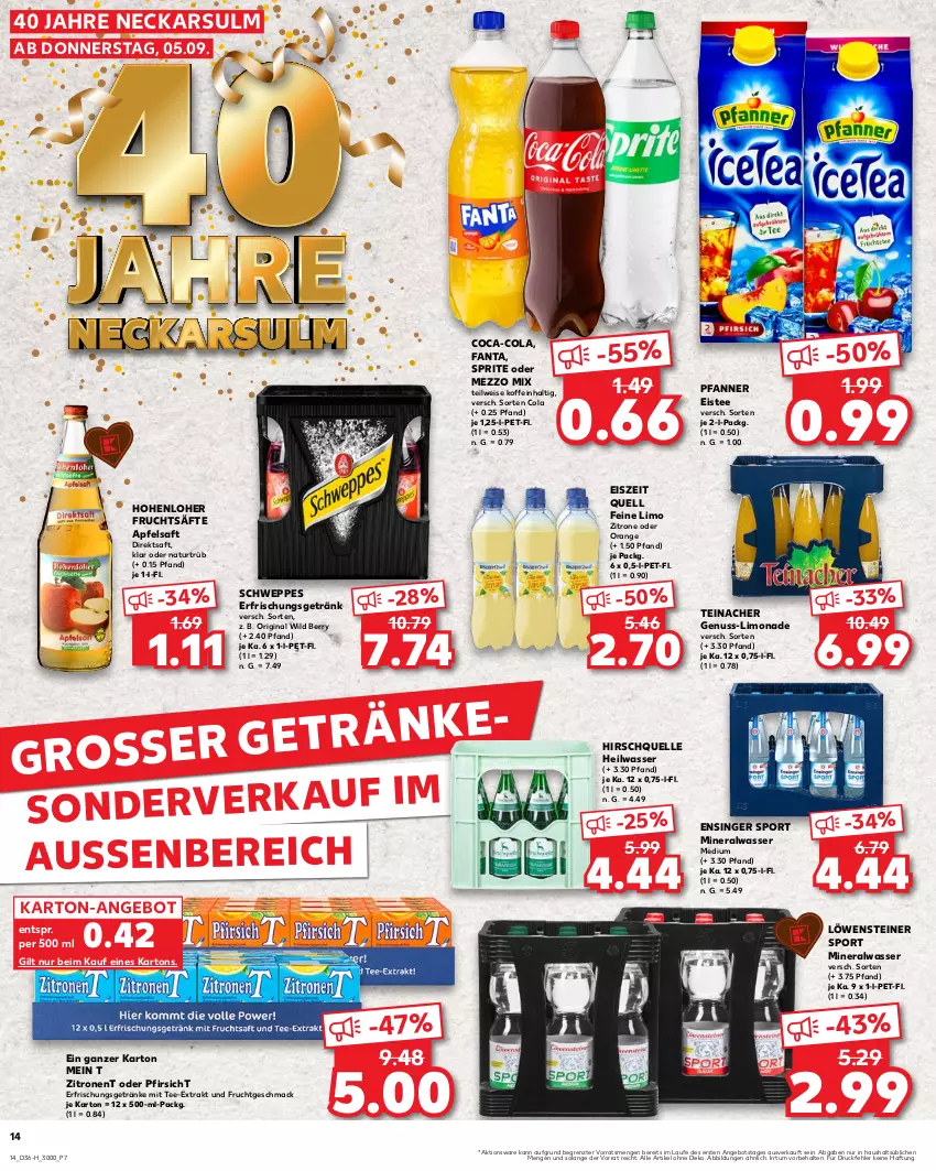 Aktueller Prospekt Kaufland - Extra-Angebote - von 05.09 bis 11.09.2024 - strona 14 - produkty: Alwa, angebot, apfel, apfelsaft, coca-cola, cola, direktsaft, eis, eistee, elle, erfrischungsgetränk, erfrischungsgetränke, fanta, frucht, fruchtsäfte, getränk, getränke, gin, limo, limonade, mac, Mezzo Mix, mineralwasser, Mineralwasser Medium, natur, nuss, orange, pfanne, Pfanner, pfirsich, saft, säfte, schweppes, Sport, sprite, steiner, tee, Ti, wasser, Wild, wild berry, zitrone, zitronen, ZTE