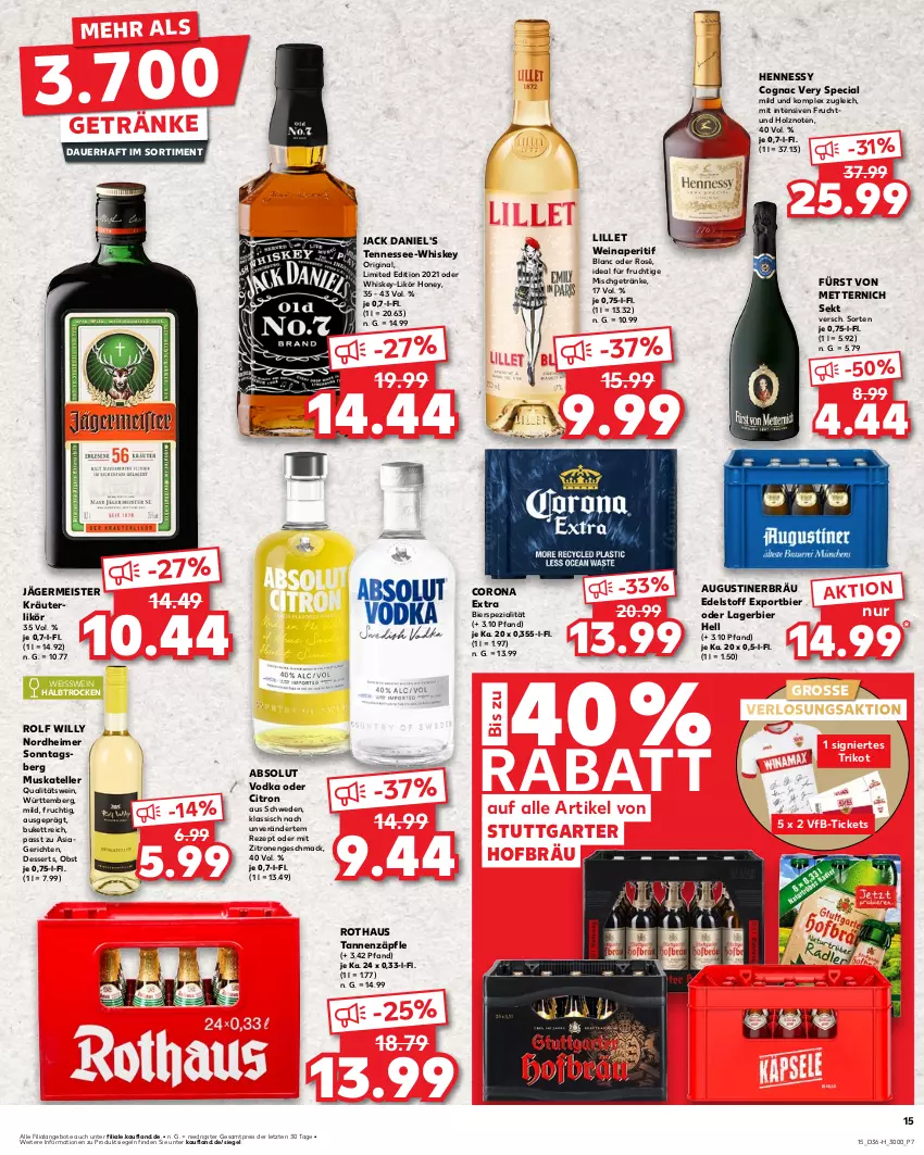 Aktueller Prospekt Kaufland - Extra-Angebote - von 05.09 bis 11.09.2024 - strona 15 - produkty: Absolut Vodka, angebot, angebote, aperitif, auer, bier, Cognac, corona, corona extra, dessert, desserts, eimer, eis, elle, frucht, fürst von metternich, Germ, getränk, getränke, gin, Holz, jack daniel, jack daniel's, jägermeister, kräuter, kräuterlikör, Lagerbier, likör, lillet, mac, Meister, Mett, metternich, obst, qualitätswein, reis, rezept, sekt, Spezi, teller, Ti, Trikot, vodka, wein, whiskey, zitrone, zitronen, ZTE