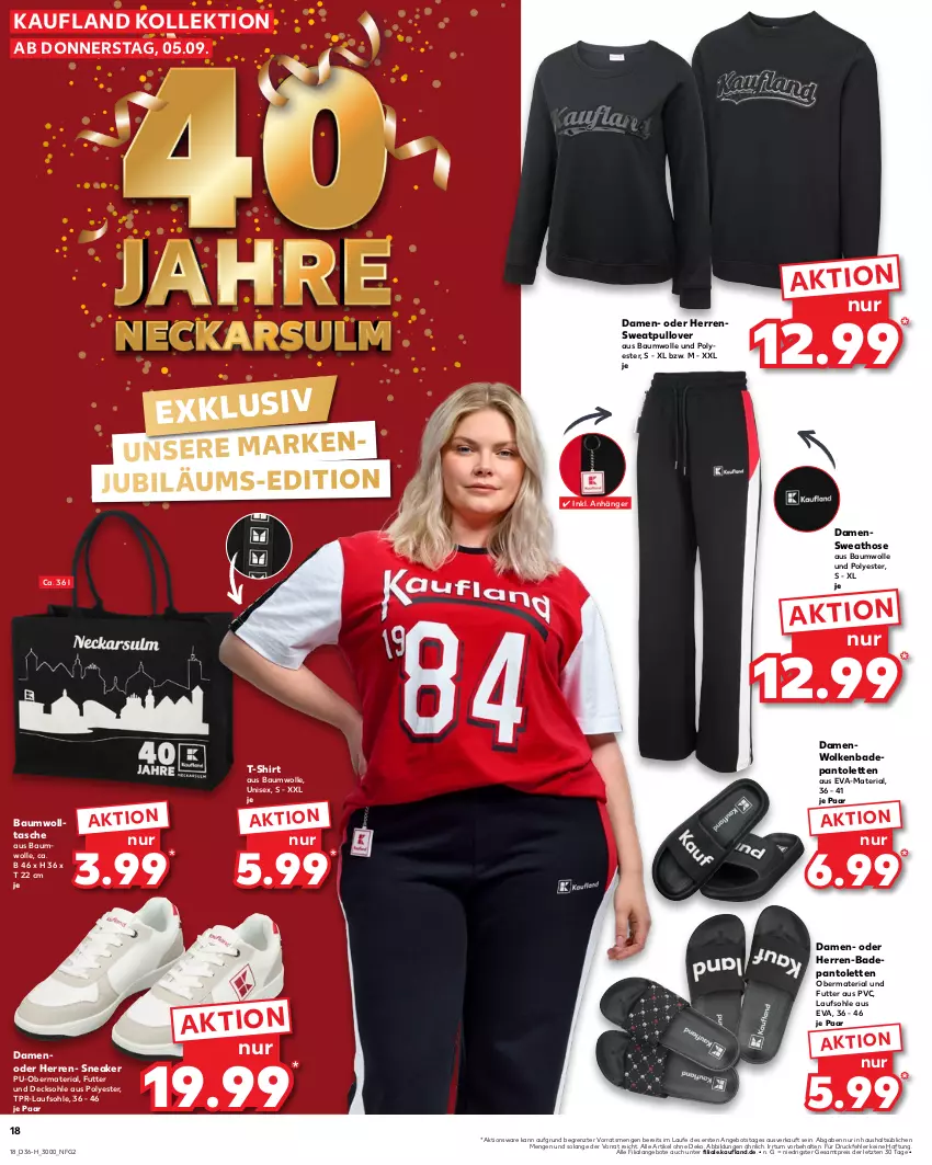 Aktueller Prospekt Kaufland - Extra-Angebote - von 05.09 bis 11.09.2024 - strona 18 - produkty: angebot, angebote, Anhänger, Bad, Bau, baumwolle, decksohle, eis, hose, Jubiläums, pantolette, pantoletten, Pullover, reis, Ria, shirt, sneaker, Sweathose, T-Shirt, Tasche, Ti, wolle, ZTE