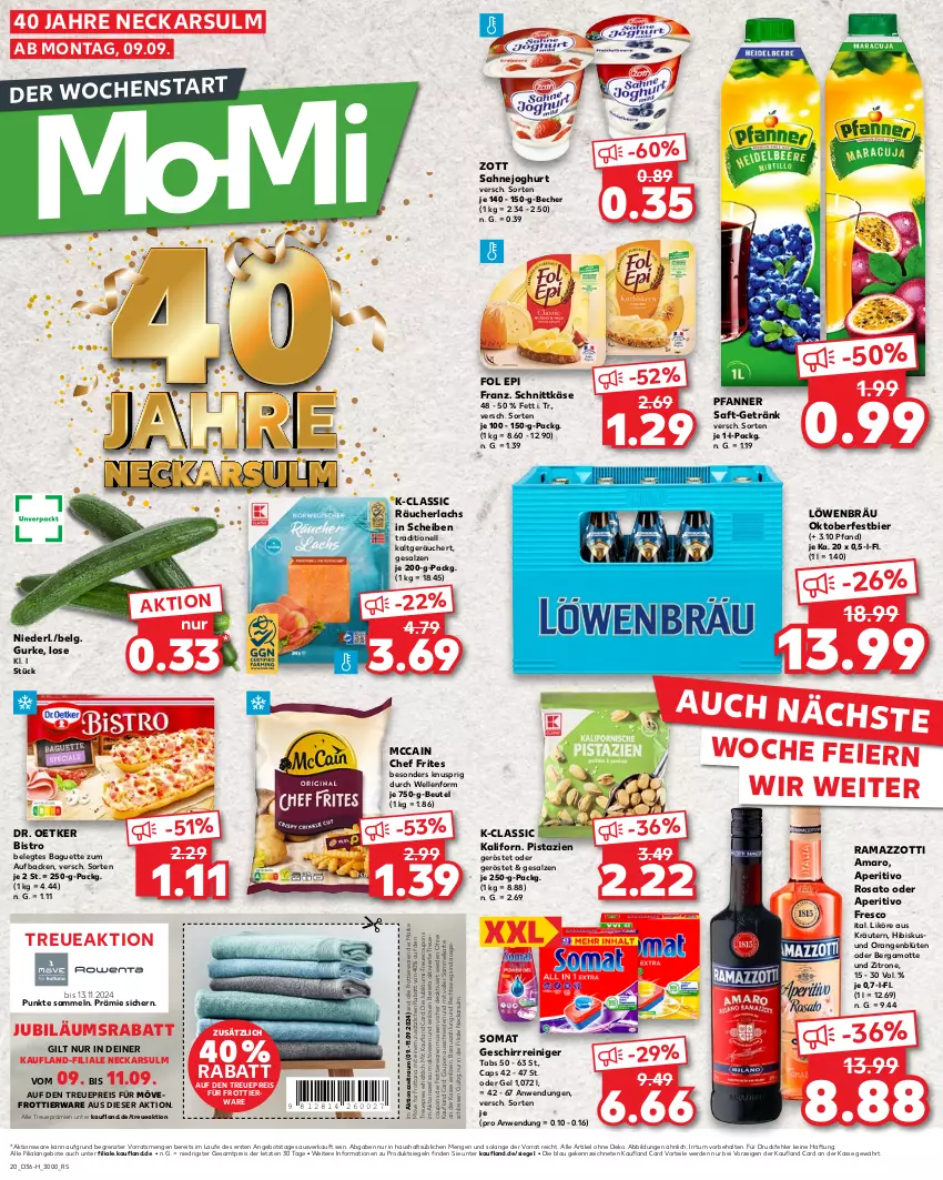 Aktueller Prospekt Kaufland - Extra-Angebote - von 05.09 bis 11.09.2024 - strona 20 - produkty: amaro, angebot, angebote, aperitivo rosato, baguette, Becher, Bergamotte, beutel, bier, Blüte, Cap, coupon, coupons, Dr. Oetker, eier, eis, elle, erde, fol epi, geschirr, getränk, gurke, joghur, joghurt, Jubiläums, Käse, kräuter, kräutern, lachs, LG, likör, mccain, orange, orangen, pfanne, Pfanner, pistazien, rama, ramazzott, ramazzotti, Räucherlachs, reiniger, reis, rosato, saft, sahne, Sahnejoghurt, salz, schnittkäse, somat, Ti, zitrone, zott, ZTE