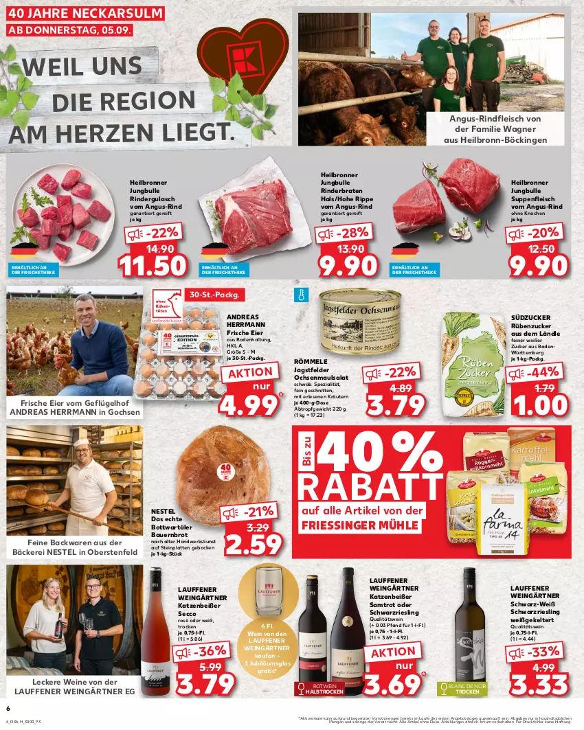 Aktueller Prospekt Kaufland - Extra-Angebote - von 05.09 bis 11.09.2024 - strona 6 - produkty: angebot, auer, backwaren, Bad, Bau, Bauer, braten, Bronner, brot, ecco, eier, eis, fleisch, geback, Geflügel, gulasch, Jubiläums, kräuter, kräutern, latte, qualitätswein, riesling, rind, rinder, rinderbraten, rindergulasch, rindfleisch, rotwein, salat, schnitten, schwarzriesling, Spezi, südzucker, suppe, suppen, suppenfleisch, Ti, wagner, wein, weine, ZTE, zucker