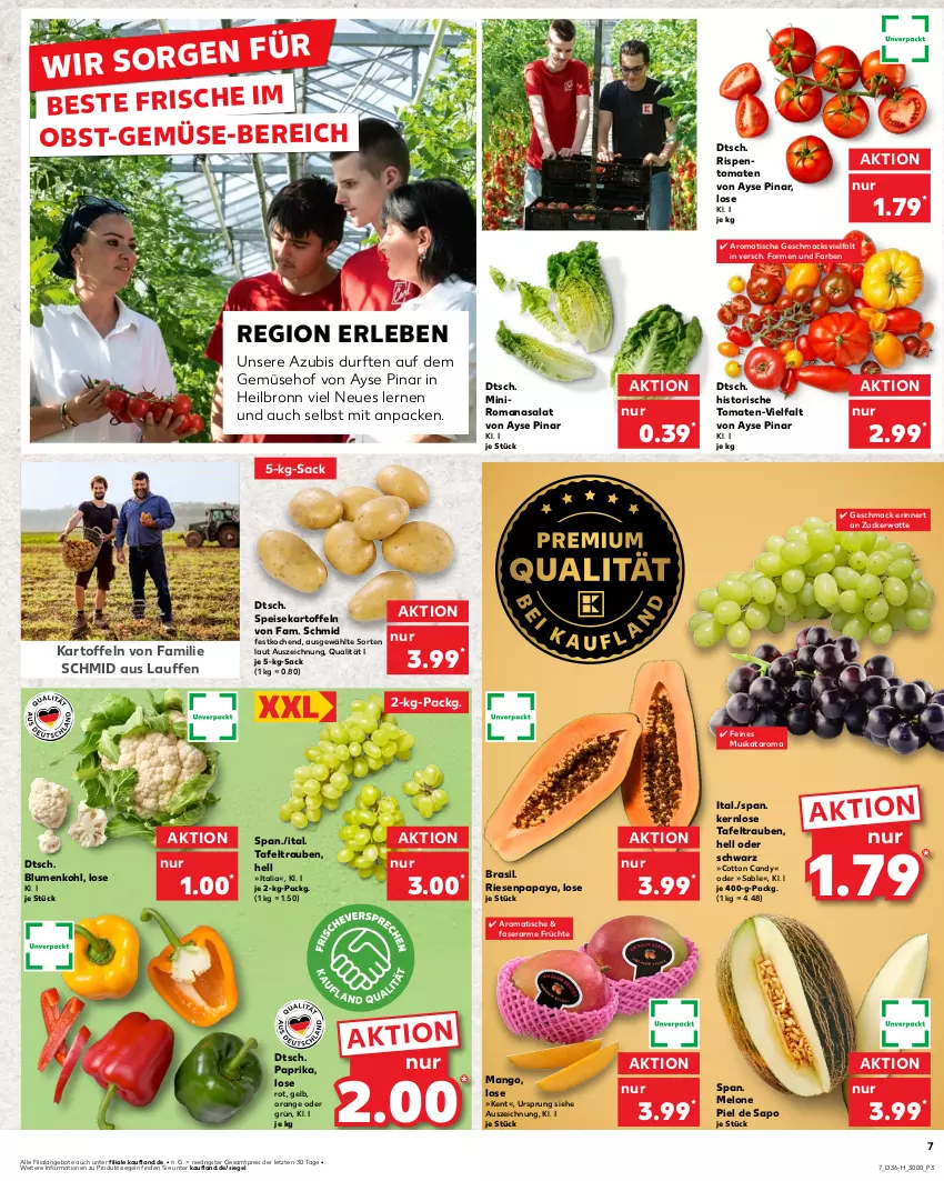 Aktueller Prospekt Kaufland - Extra-Angebote - von 05.09 bis 11.09.2024 - strona 7 - produkty: angebot, angebote, blume, blumen, blumenkohl, eis, früchte, kartoffel, kartoffeln, mac, mango, melone, obst, orange, Papaya, paprika, reis, rispentomaten, Romanasalat, sac, salat, speisekartoffeln, tafeltrauben, Ti, tisch, tomate, tomaten, trauben, ZTE, zucker