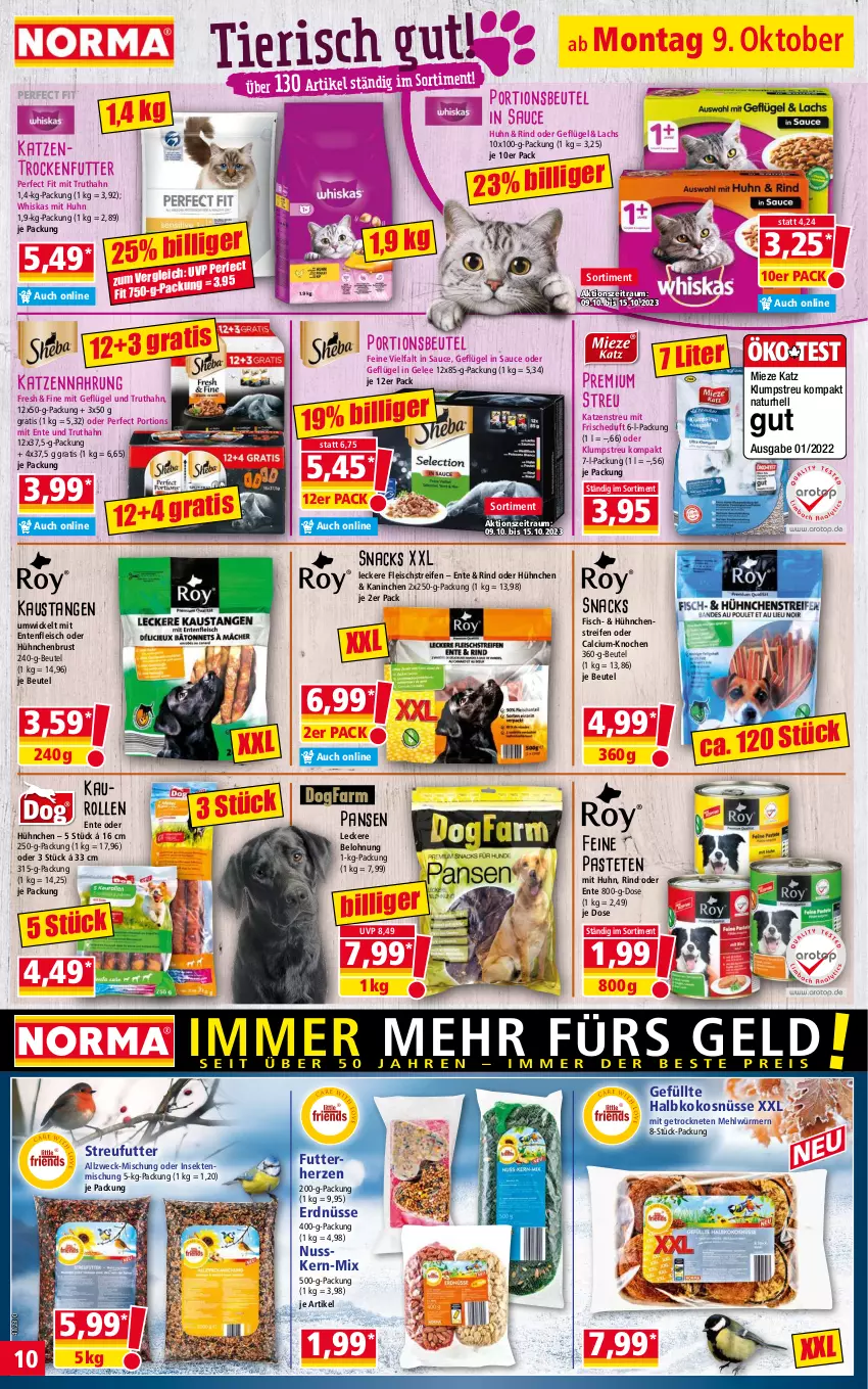 Aktueller Prospekt Norma - Norma - von 09.10 bis 16.10.2023 - strona 10 - produkty: aust, beutel, Calcium, eis, ente, erdnüsse, fisch, fleisch, Geflügel, gelee, katzennahrung, Katzenstreu, Katzentrockenfutter, klumpstreu, kokos, lachs, mehl, natur, nuss, pastete, Perfect Fit, portionsbeutel, reifen, rind, sauce, sekt, snack, snacks, Streufutter, Ti, trockenfutter, truthahn, weck, whiskas, WICK