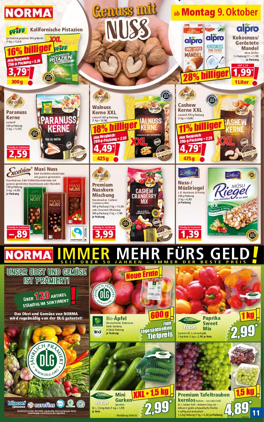 Aktueller Prospekt Norma - Norma - von 09.10 bis 16.10.2023 - strona 11 - produkty: beutel, bio, Cashew, cranberry, eis, erde, früchte, gurke, gurken, haselnuss, honig, knacker, kokos, kokosnuss, LG, mac, mandel, mandeln, milch, müsli, natur, nuss, Nussknacker, obst, Obst und Gemüse, paprika, pistazien, reis, rel, riegel, saft, salz, schoko, schokolade, tafeltrauben, Ti, tiefpreis, tisch, trauben, und gemüse, vollmilch, walnuss, Walnuss Kerne, Zartbitterschokolade, zucker