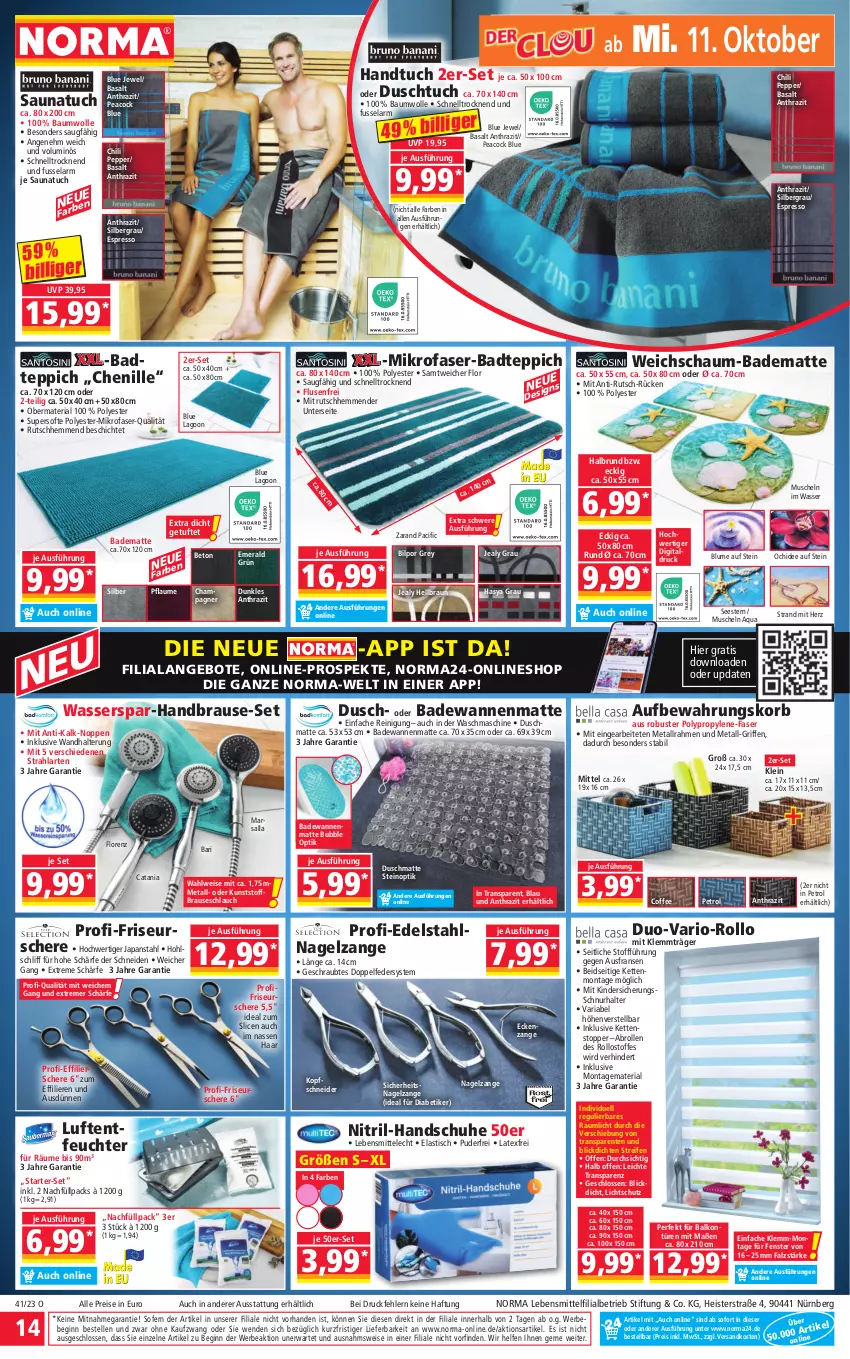 Aktueller Prospekt Norma - Norma - von 09.10 bis 16.10.2023 - strona 14 - produkty: angebot, angebote, aqua, asti, Bad, badematte, Badewanne, badteppich, Bau, baumwolle, Bebe, blume, braun, brause, brauseschlauch, champagne, champagner, chili, Cif, Duschmatte, duschtuch, edelstahl, eis, elle, ente, espresso, fenster, gin, handbrause, handschuhe, handtuch, Kette, Kinder, korb, lebensmittel, lorenz, Luftentfeuchter, mars, mikrofaser, Muscheln, Nagelzange, ndk, pflaume, reifen, Reinigung, reis, Ria, Saunatuch, Schere, schlauch, schuhe, senf, teppich, Ti, tisch, topper, tuc, wandhalterung, Wanne, waschmaschine, wasser, wolle