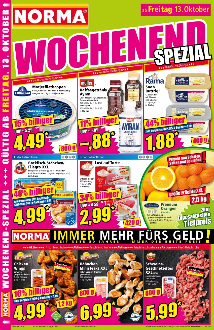 Aktueller Prospekt Norma - Norma - von 09.10 bis 16.10.2023 - strona 16 - produkty: ACC, Ayran, backfisch, Becher, Berger, braten, brustfilet, Cap, cappuccino, chia, chicken wings, cin, eis, espresso, filegro, filet, fisch, flasche, fleisch, früchte, geschnetzeltes, getränk, gewürz, joghur, joghurt, kaffee, latte, latte macchiato, lebensmittel, Lust auf Torte, mac, macchiato, matjes, Matjesfilet, meersalz, natur, orange, orangen, paprika, regal, reis, saft, salz, schinken, schnitten, schwein, schweine, steak, steaks, Ti, tiefpreis, torte, wein, weine, Zelt