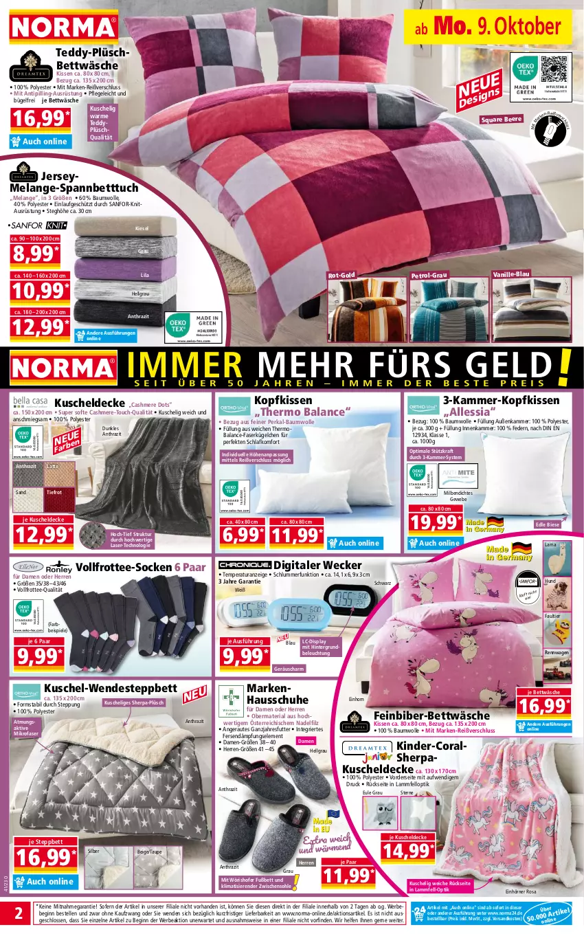 Aktueller Prospekt Norma - Norma - von 09.10 bis 16.10.2023 - strona 2 - produkty: Bau, baumwolle, Bebe, beere, beleuchtung, bett, Betttuch, bettwäsche, bügel, cashmere, Coral, decke, eis, Elan, elle, Frottee-Socken, gin, Hausschuhe, Kinder, kissen, kopfkissen, kraft, kuscheldecke, lamm, Lammfell, latte, LG, mikrofaser, ndk, Plüsch, reis, Ria, schuhe, socken, spannbetttuch, Spiele, steppbett, tee, Ti, Tipi, tuc, vanille, weck, wolle