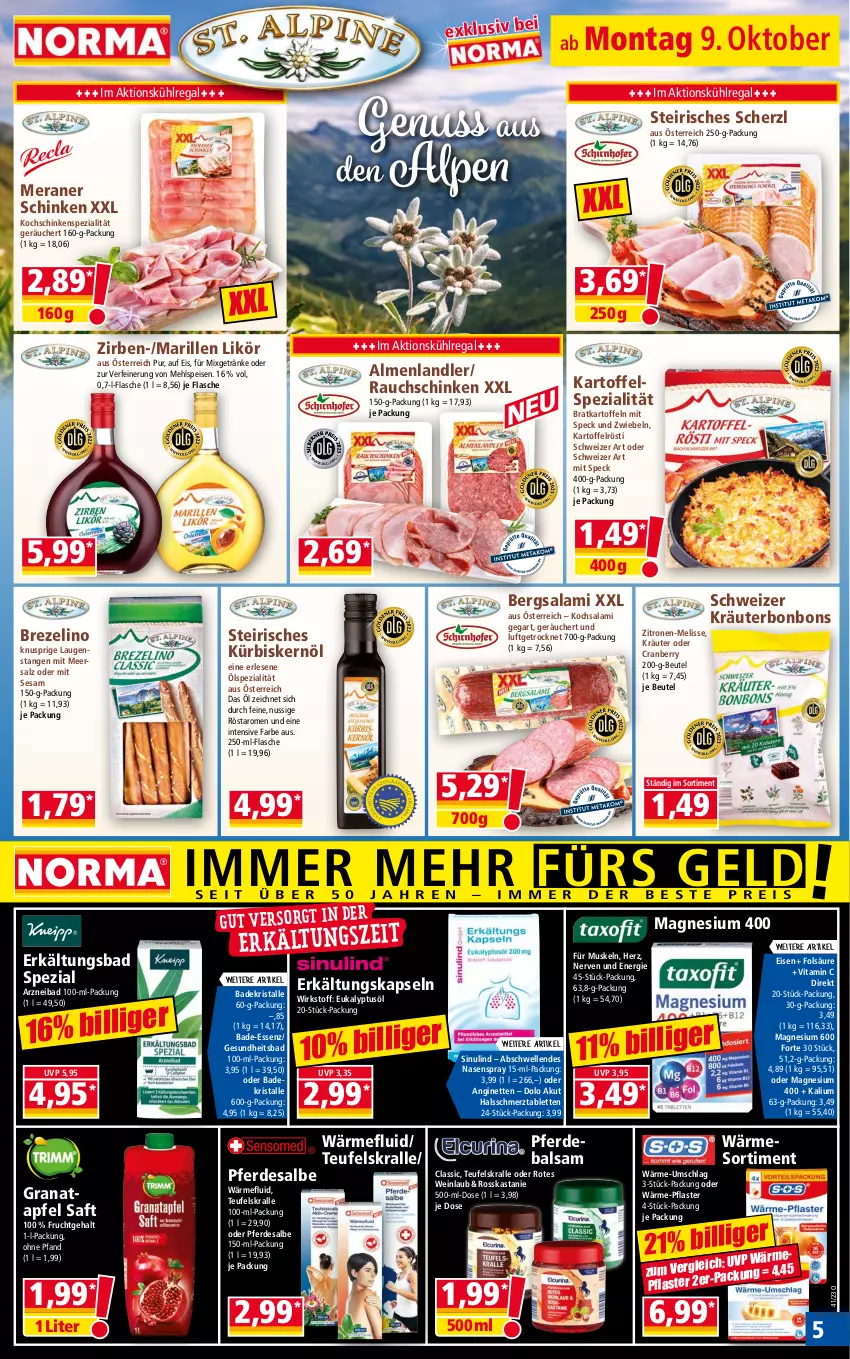 Aktueller Prospekt Norma - Norma - von 09.10 bis 16.10.2023 - strona 5 - produkty: apfel, Bad, Badekristalle, balsam, beutel, bonbons, brezel, cranberry, eis, elle, erde, Erkältungs, Erkältungsbad, flasche, frucht, Gesundheit, getränk, getränke, gin, grana, granatapfel, kartoffel, kartoffeln, kochschinken, kräuter, kühlregal, Kürbis, Kürbiskernöl, Laugenstange, likör, magnesium, magnesium 400, meersalz, mehl, Mixgetränk, Nasenspray, nuss, pflaster, Rana, Rauch, regal, saft, salami, salz, schinken, sesam, Speck, Spezi, tablet, tablett, Tablette, Ti, vita, Vitamin C, wein, zitrone, zitronen, zwiebel, zwiebeln