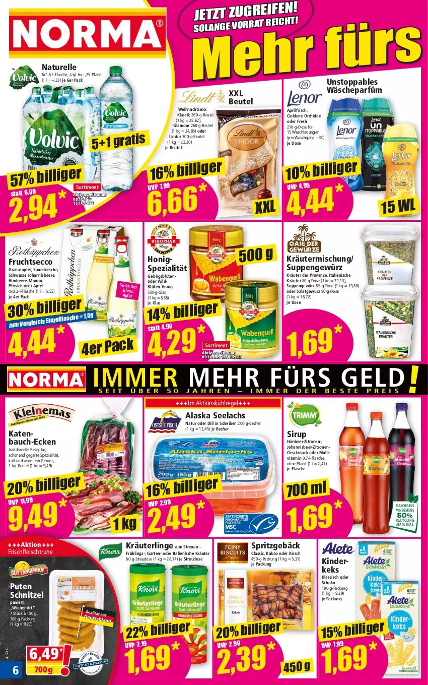 Aktueller Prospekt Norma - Norma - von 09.10 bis 16.10.2023 - strona 6 - produkty: apfel, auer, Bau, Becher, beere, beutel, Blüte, Clin, ecco, eis, elle, flasche, fleisch, frucht, fruchtsecco, Garten, gewürz, grana, granatapfel, himbeer, himbeere, honig, johannisbeere, kakao, keks, Kinder, kirsch, kirsche, kräuter, Kräutermischung, kühlregal, lachs, lindor, mac, mango, natur, nuss, orchidee, pfirsich, pril, pute, Rana, recyclingmaterial, regal, rel, rezept, Ria, salat, schnitzel, schoko, sirup, Spezi, suppe, suppen, Ti, vita, wäscheparfüm, wiener, Wild, zitrone, zitronen