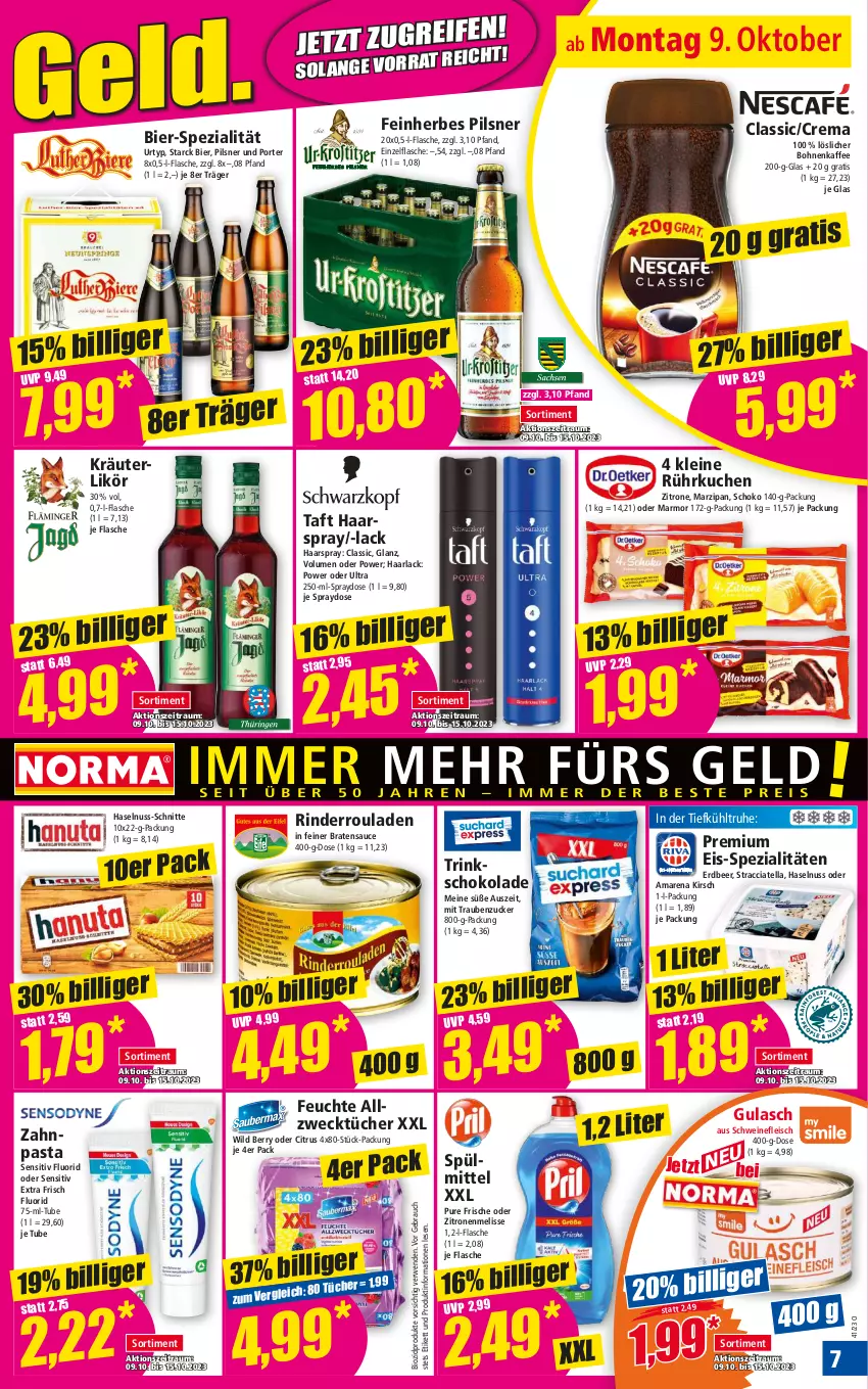 Aktueller Prospekt Norma - Norma - von 09.10 bis 16.10.2023 - strona 7 - produkty: ACC, Allzwecktücher, arla, bier, bio, biozidprodukte, bohne, bohnen, bohnenkaffee, braten, citrus, eis, flasche, fleisch, gulasch, Haarlack, haarspray, haselnuss, kaffee, kirsch, kräuter, kräuterlikör, kuchen, lack, leine, likör, löslicher bohnenkaffee, marzipan, nuss, pasta, pils, pilsner, Rauch, rind, rinder, Rinderroulade, rinderrouladen, rouladen, rwe, sauce, schoko, schokolade, schwein, schweine, schweinefleisch, Spezi, spülmittel, Taft, Ti, trauben, tücher, urtyp, weck, wein, weine, Wild, wild berry, zahnpasta, zitrone, zitronen, zucker