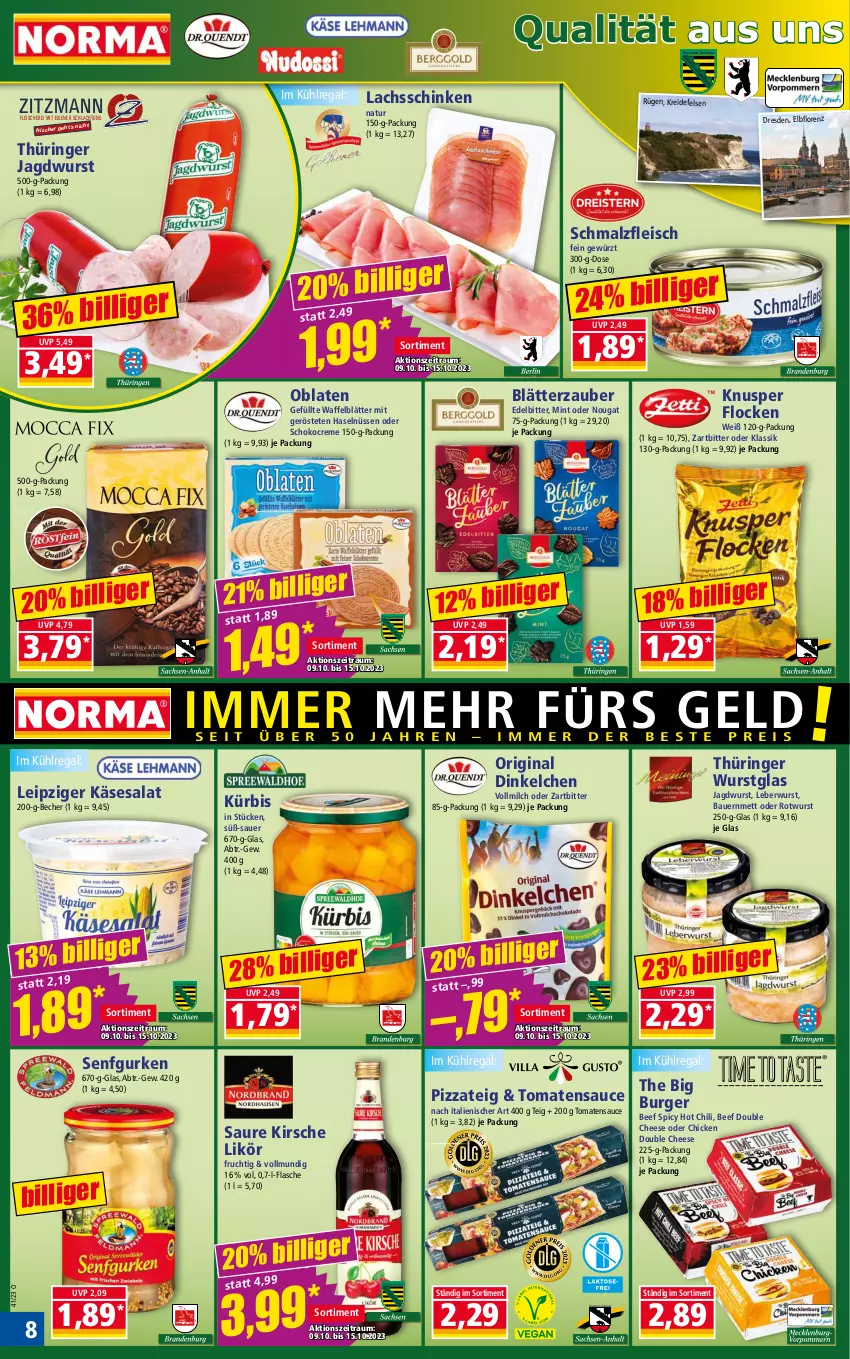 Aktueller Prospekt Norma - Norma - von 09.10 bis 16.10.2023 - strona 8 - produkty: auer, Bau, Bauer, Becher, beef, burger, chili, creme, eis, flasche, fleisch, Fleischerei, frucht, gewürz, gin, gurke, gurken, hot chili, jagdwurst, Käse, kirsch, kirsche, Kreide, kühlregal, Kürbis, lachs, lachsschinken, leberwurst, likör, lorenz, malz, Mett, milch, mint, natur, Oblaten, pizza, Pizzateig, regal, ring, Rotwurst, salat, sauce, Schere, schinken, Schmalz, schoko, senf, Ti, tomate, tomaten, tomatensauce, vollmilch, wurst