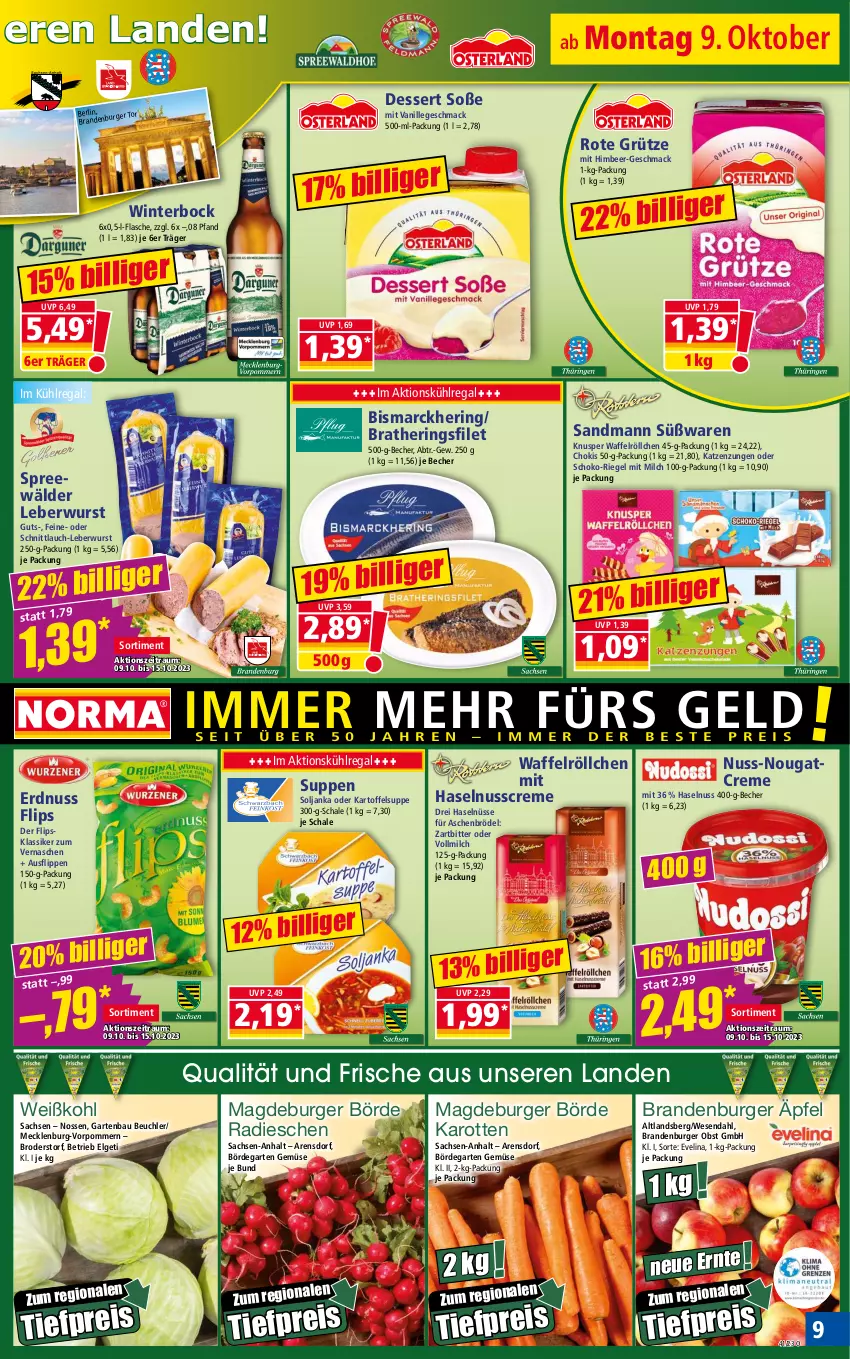 Aktueller Prospekt Norma - Norma - von 09.10 bis 16.10.2023 - strona 9 - produkty: Bau, Becher, bismarck, Brandenburger äpfel, burger, creme, dessert, eis, erdnuss, filet, flasche, Garten, grütze, haselnuss, Haselnusscreme, hering, Herings, himbeer, karotten, kartoffel, Kartoffelsuppe, kühlregal, leberwurst, LG, mac, milch, Nougatcreme, nuss, obst, radieschen, regal, reis, riegel, ring, Rote Grütze, sac, Schal, Schale, schnittlauch, schoko, Soße, spreewälder, suppe, suppen, Ti, tiefpreis, vanille, vollmilch, Waffelröllchen, Weißkohl, wurst