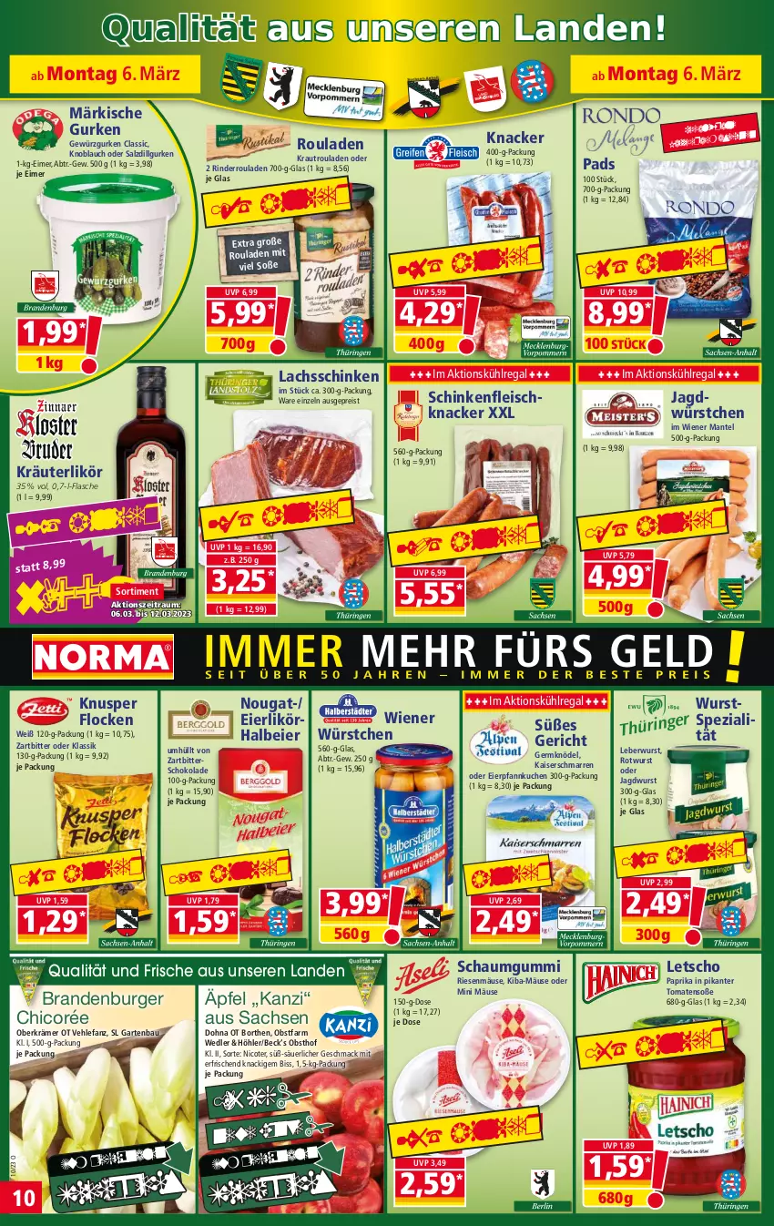 Aktueller Prospekt Norma - Norma - von 06.03 bis 13.03.2023 - strona 10 - produkty: Bau, burger, eier, eierlikör, eimer, eis, flasche, fleisch, Garten, Germ, gewürz, Gewürzgurke, gewürzgurken, gurke, gurken, jagdwurst, Kaiser, knacker, knoblauch, Knödel, Kraut, kräuter, kräuterlikör, kuchen, kühlregal, lachs, lachsschinken, leberwurst, Letscho, LG, likör, mac, Mantel, obst, paprika, Pfannkuchen, regal, reis, rind, rinder, Rinderroulade, rinderrouladen, Rotwurst, rouladen, sac, salz, schinken, schoko, schokolade, Soße, Spezi, Ti, tiefpreis, tomate, tomaten, wiener, wurst, würstchen, Zartbitterschokolade