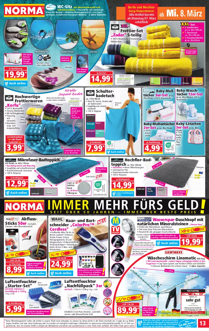 Aktueller Prospekt Norma - Norma - von 06.03 bis 13.03.2023 - strona 13 - produkty: akku, apfel, aqua, aubergine, auer, auto, Bad, Bademantel, badetuch, badteppich, Bau, baumwolle, Bebe, beere, blume, blumen, Brei, bürste, Calcium, Cif, duschtuch, eis, elle, Engel, espresso, Frottier-Set, Garten, gästetuch, gin, handtuch, handtücher, hero, kraft, Kugel, Lätzche, lavendel, leifheit, leine, Liege, Luftentfeuchter, Mantel, mikrofaser, molto, ndk, orchidee, passend für alle, pflaume, Reinigung, reinigungsbürste, reis, rel, Ria, Schere, schläuche, senf, Tasche, teppich, Ti, tisch, topf, tuc, tücher, wäscheschirm, waschhandschuh, wasser, wasserfilter, wc-sitz, wolle, zitrone, zitronen