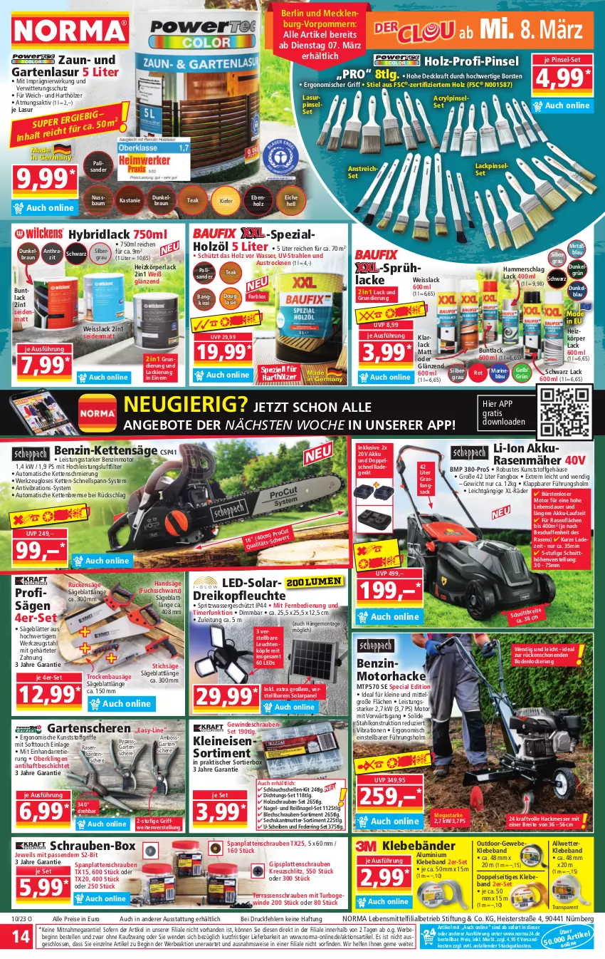 Aktueller Prospekt Norma - Norma - von 06.03 bis 13.03.2023 - strona 14 - produkty: akku, angebot, angebote, arla, auer, aust, auto, Bau, Beba, Bebe, boss, braun, Brei, bürste, bürsten, eis, elle, fernbedienung, Garten, Gartenschere, gin, Holz, Kette, kraft, lack, lack matt, Lacke, ladegerät, latte, lebensmittel, leds, leine, Leuchte, leuchten, LG, messer, mit fernbedienung, ndk, nuss, perla, Pinsel, Pinselset, rasen, rasenmäher, reis, ring, sac, säge, Schere, schlauch, schnellladegerät, schrauben, senf, Spezi, stichsäge, Ti, timer, tisch, wasser, werkzeug