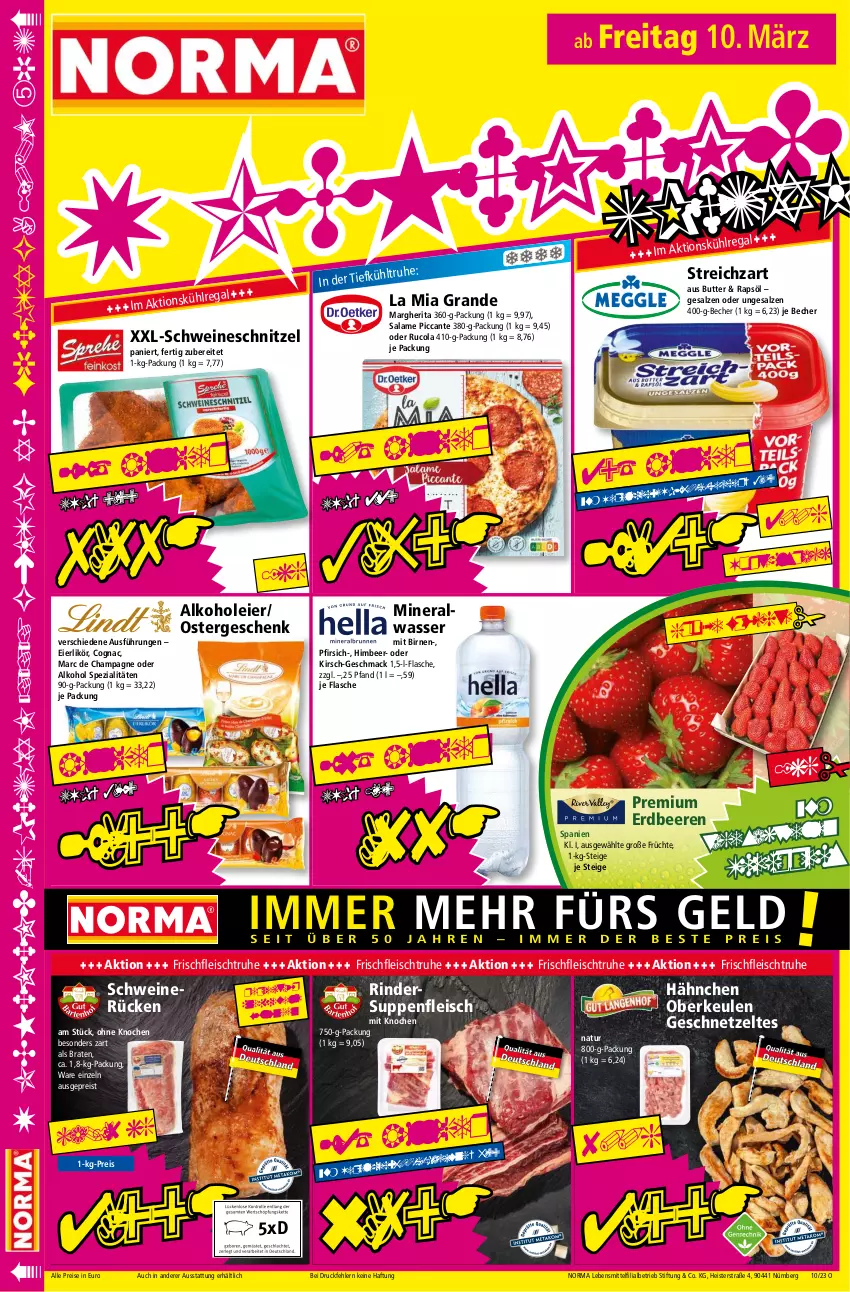 Aktueller Prospekt Norma - Norma - von 06.03 bis 13.03.2023 - strona 16 - produkty: alkohol, Alwa, Becher, beere, beeren, Birnen, braten, butter, champagne, Cognac, cola, eier, eierlikör, eis, erdbeere, erdbeeren, flasche, fleisch, früchte, geschnetzeltes, himbeer, kirsch, lebensmittel, likör, mac, margherita, mineralwasser, natur, pfirsich, rapsöl, regal, reis, rind, rinder, rucola, salz, schnitzel, schwein, schweine, schweinerücken, schweineschnitzel, Spezi, Streichzart, suppe, suppen, suppenfleisch, Ti, tiefpreis, wasser, wein, weine, Zelt