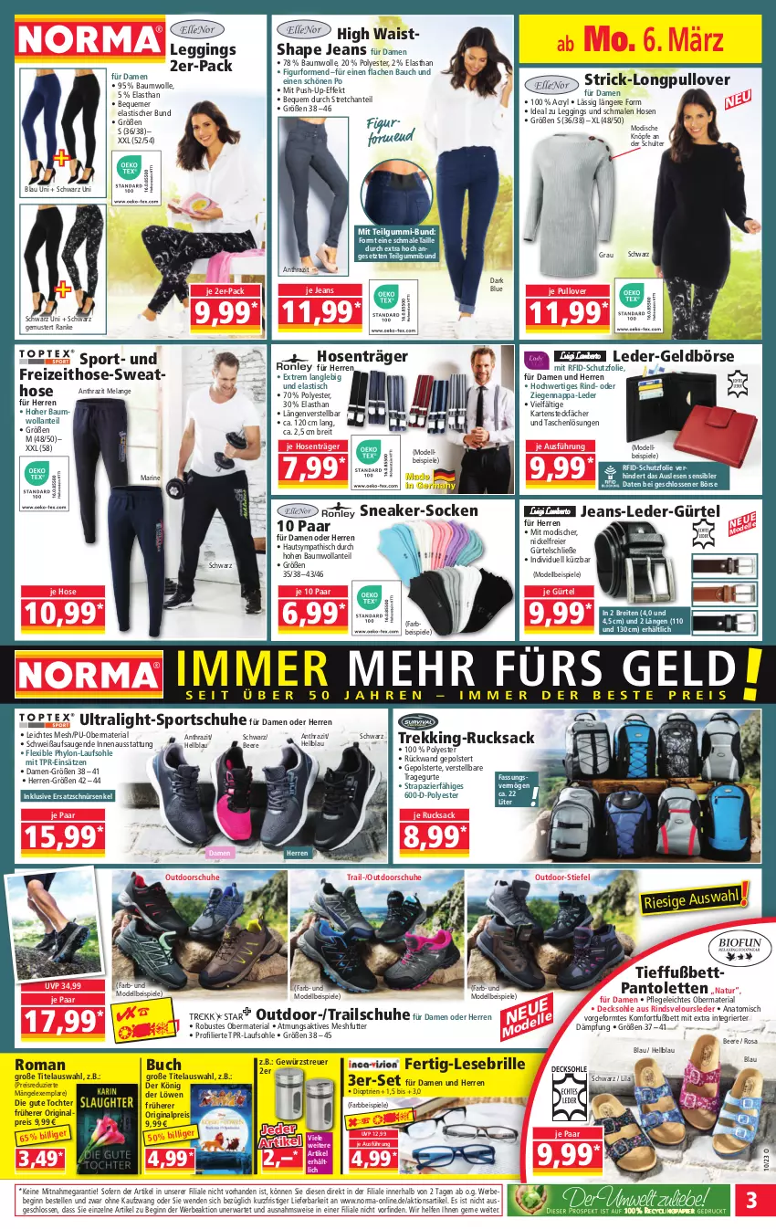 Aktueller Prospekt Norma - Norma - von 06.03 bis 13.03.2023 - strona 3 - produkty: asti, Bau, baumwolle, Bebe, beere, bett, Brei, Brille, buch, decksohle, dell, eier, eis, Elan, elle, Geldbörse, gewürz, gin, hose, hosen, Hylo, jeans, König der Löwen, leggings, LG, Mode, natur, pantolette, pantoletten, Pullover, Push-up, reis, Ria, rind, rucksack, rückwand, sac, schuhe, sneaker, socken, Spiele, Sport, sportschuhe, Tasche, taschen, Ti, tisch, wolle, ZTE