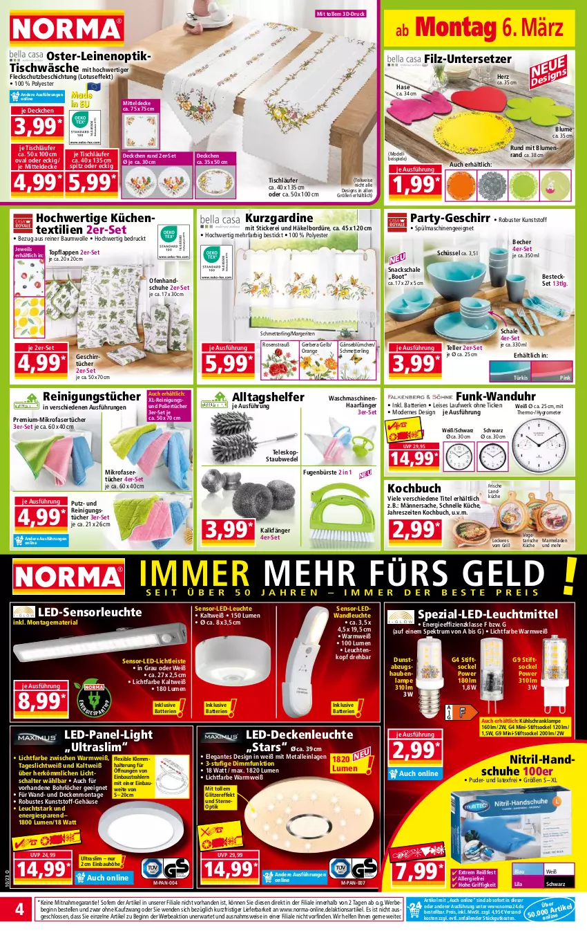 Aktueller Prospekt Norma - Norma - von 06.03 bis 13.03.2023 - strona 4 - produkty: abzugshaube, aust, batterie, batterien, Bau, baumwolle, Bebe, Becher, besteck, besteckset, blume, blumen, buch, bürste, decke, deckenleuchte, dell, dunstabzug, dunstabzugshaube, eis, elle, Fugenbürste, Gerber, geschirr, geschirrtücher, gin, grill, Grom, handschuhe, Hygrometer, küche, Küchen, kühlschrank, Lampe, landküche, Läufer, led-deckenleuchte, LED-Leuchte, led-licht, leine, Leuchte, leuchten, leuchtmittel, LG, marmelade, Mett, mikrofaser, Mikrofasertücher, mitteldecke, Mode, ndk, Ofen, orange, Reinigung, reinigungstücher, reis, Ria, rosen, Rosenstrauß, rum, sac, Schal, Schale, Schmetterling, Schrank, schuhe, schüssel, snack, snacks, Spektrum, Spezi, Spiele, spülmaschinen, staubwedel, Teleskop, teller, Ti, tisch, tischläufer, Tischwäsche, topf, tücher, uhr, Untersetzer, Vegeta, wanduhr, waschmaschine, waschmaschinen, wedel, wolle