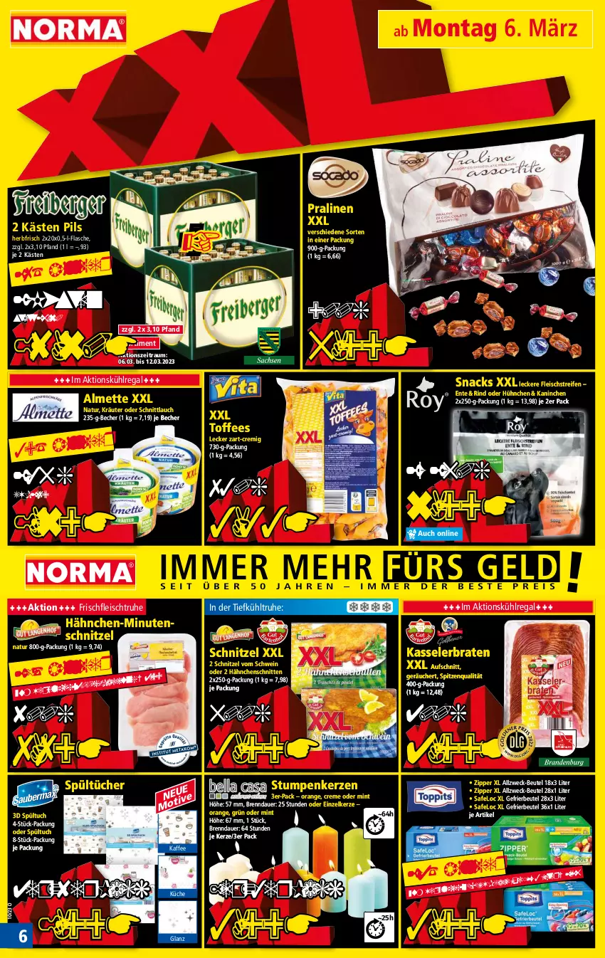 Aktueller Prospekt Norma - Norma - von 06.03 bis 13.03.2023 - strona 6 - produkty: almette, auer, aufschnitt, Becher, beutel, braten, creme, eis, ente, flasche, fleisch, gefrierbeutel, kaffee, kasseler, Kasselerbraten, kerze, kräuter, küche, kühlregal, Mett, mint, minutenschnitzel, natur, orange, pils, pralinen, regal, reifen, rind, schnitten, schnittlauch, schnitzel, schwein, snack, snacks, spitzenqualität, Ti, tuc, tücher, weck, wein, zipper