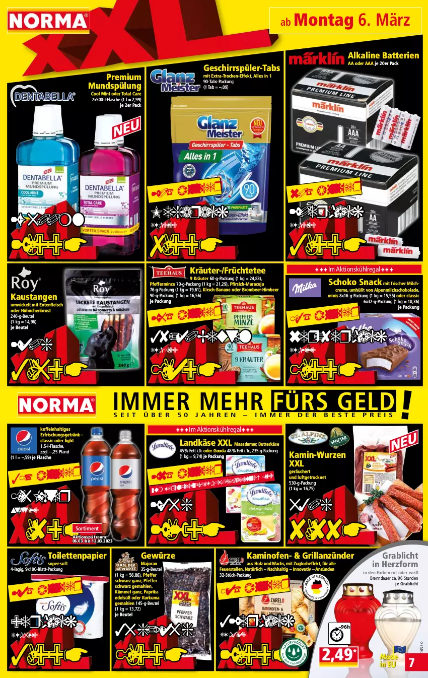 Aktueller Prospekt Norma - Norma - von 06.03 bis 13.03.2023 - strona 7 - produkty: alpenmilch, anzünder, auer, aust, banane, batterie, batterien, beutel, butter, butterkäse, creme, eis, elle, ente, erfrischungsgetränk, flasche, fleisch, früchte, Früchtetee, geschirr, geschirrspüler, getränk, gewürz, gouda, grill, grillanzünder, himbeer, Holz, Kamin, Kaminofen, Käse, kirsch, kräuter, kühlregal, landkäse, Maasdam, maasdamer, maracuja, milch, mint, minze, mundspülung, ndk, Ofen, papier, paprika, pfeffer, pfefferminze, pfirsich, regal, schoko, schokolade, snack, spülung, tee, Ti, toilettenpapier, total care, WICK