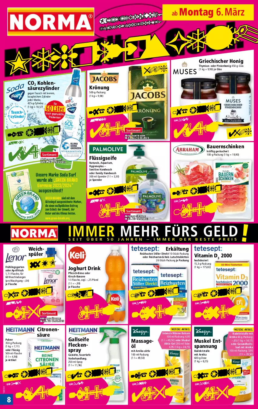 Aktueller Prospekt Norma - Norma - von 06.03 bis 13.03.2023 - strona 8 - produkty: aktiv gel, aqua, auer, Bad, Badekristalle, balsam, banane, Bau, Bauer, Bauernschinken, Cars, drink, eis, erde, flasche, flüssigseife, Garten, Germ, Gesundheit, gin, honig, joghur, joghurt, kirsch, LG, natur, natura, pfirsich, pril, rwe, schinken, Seife, Soda, Sprudel, Surf, tablet, tablett, Tablette, Ti, vita, Vitamin D, wasser, weichspüler, ZTE