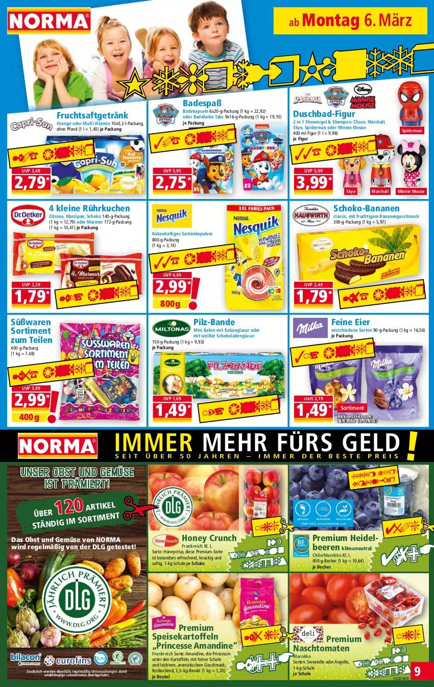 Aktueller Prospekt Norma - Norma - von 06.03 bis 13.03.2023 - strona 9 - produkty: Bad, banane, bananen, Becher, beere, beeren, beutel, deka, duschbad, eier, eis, elle, erde, frucht, fruchtsaft, fruchtsaftgetränk, getränk, getränke, getränkepulver, heidelbeere, heidelbeeren, kakao, kartoffel, kartoffeln, keks, kekse, kuchen, leine, LG, mac, mars, marzipan, mit frucht, obst, Obst und Gemüse, orange, reis, saft, Schal, Schale, schoko, schokolade, schokoladen, shampoo, speisekartoffeln, Ti, tiefpreis, tisch, tomate, tomaten, und gemüse, vita, zitrone