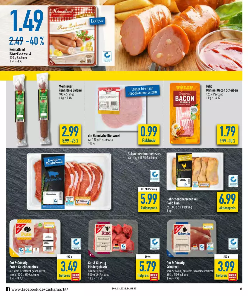 Aktueller Prospekt Diska - Prospekte - von 28.03 bis 02.04.2022 - strona 6 - produkty: aktionspreis, bacon, bier, bockwurst, brustfilet, eis, filet, geschnetzeltes, gin, Käse, minutensteaks, pute, reis, salami, schnitten, schnitzel, schwein, schweine, steak, steaks, Ti, tiefpreis, tulip, wein, weine, wurst, Zelt, ZTE