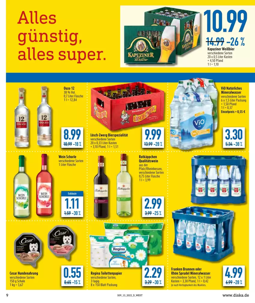 Aktueller Prospekt Diska - Prospekte - von 28.03 bis 02.04.2022 - strona 9 - produkty: Alwa, bier, brunnen, eis, flasche, franken brunnen, gin, hundenahrung, mineralwasser, papier, qualitätswein, reis, rotkäppchen, Schal, Schale, schorle, Spezi, Sprudel, wasser, wein