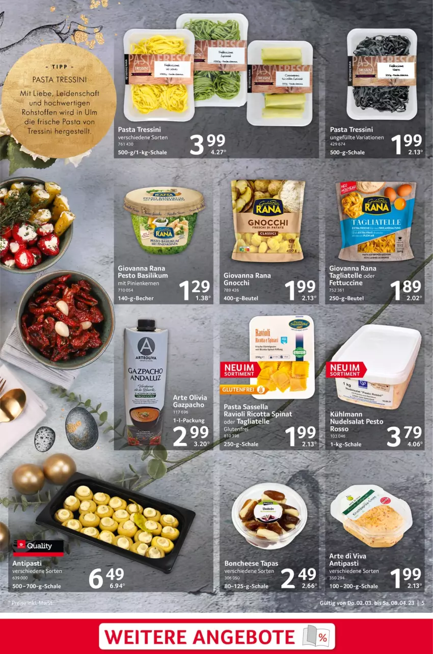 Aktueller Prospekt Selgros - Feinkost Ostern - von 02.03 bis 08.04.2023 - strona 5 - produkty: angebot, angebote, antipasti, asti, basilikum, elle, gnocchi, kühlmann, LG, nudel, nudelsalat, pasta, pesto, pinienkerne, Rana, ravioli, Ria, ricotta, salat, Schal, Schale, spinat, tagliatelle, Ti, Yo