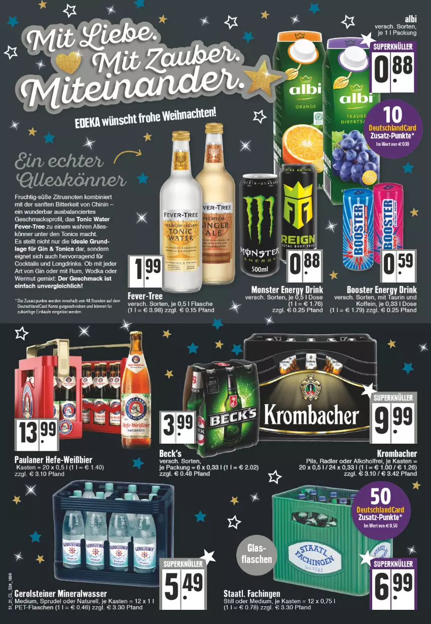 Aktueller Prospekt Edeka - Angebote der Woche - von 20.12 bis 25.12.2021 - strona 24 - produkty: alkohol, Alwa, bier, cocktail, cocktails, drink, drinks, eier, energy drink, erde, fever-tree, flasche, frucht, gin, GPS, Hefe, krombache, krombacher, mac, mineralwasser, Mineralwasser Medium, monster, Monster Energy, natur, Paula, paulaner, pet-flasche, pet-flaschen, pils, radler, rel, rum, Sprudel, Staatl. Fachingen, Ti, tonic, tonic water, usb, wasser, wodka