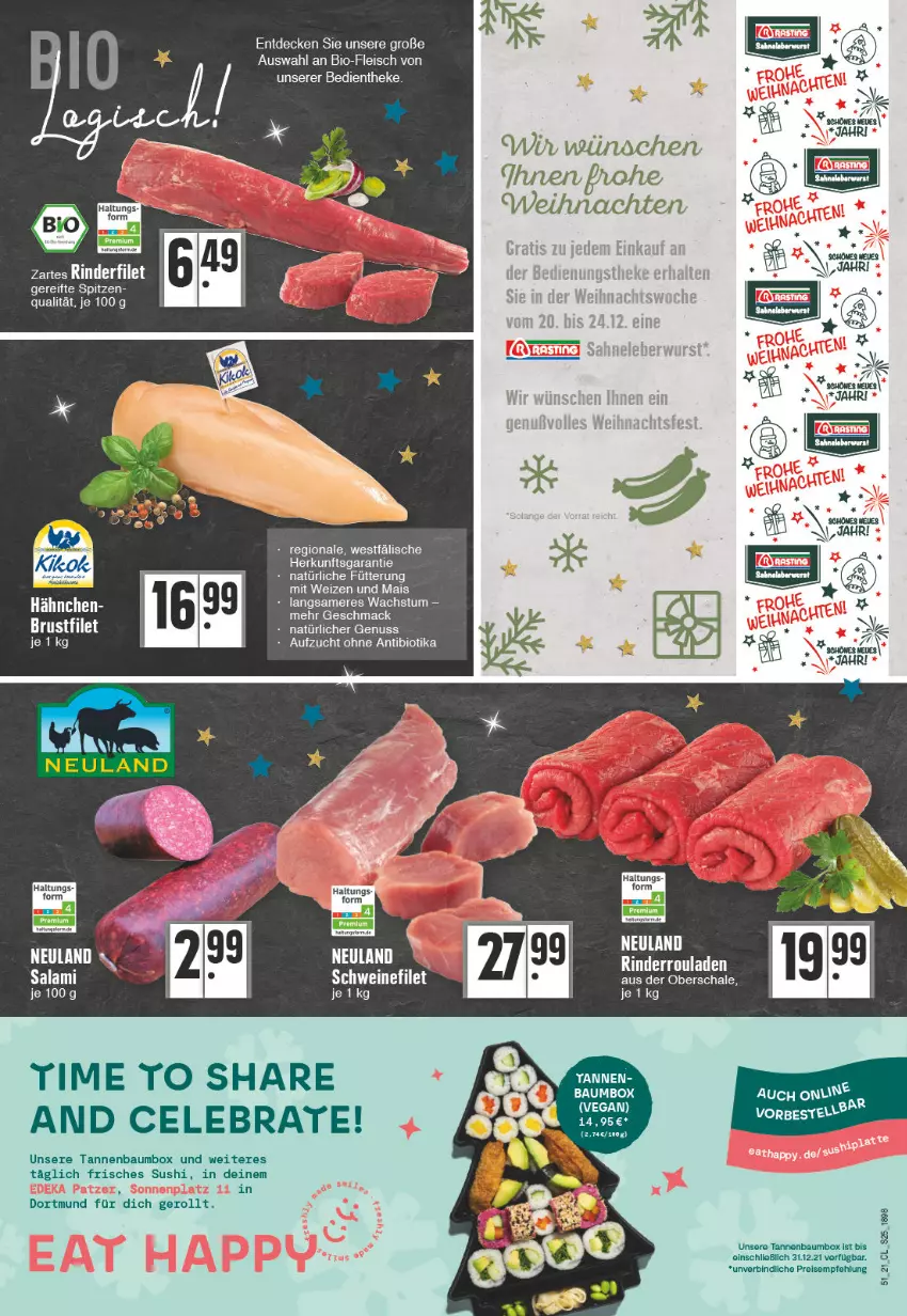 Aktueller Prospekt Edeka - Angebote der Woche - von 20.12 bis 25.12.2021 - strona 25 - produkty: Bau, bio, brustfilet, decke, eis, elle, filet, fleisch, mac, nuss, reis, salami, Schal, Schale, schwein, schweine, schweinefilet, Sushi, Tannenbaum, Ti, wein, weine