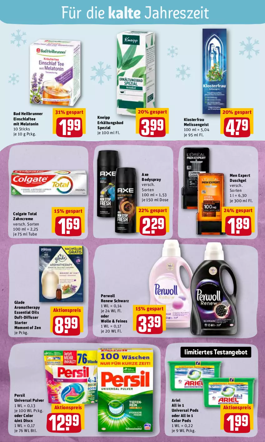 Aktueller Prospekt Rewe - Prospekte - von 14.02 bis 20.02.2022 - strona 20 - produkty: aktionspreis, angebot, ariel, axe, Bad, body, bodyspray, colgate, colgate total, creme, Diffuser, duschgel, eis, Erkältungs, Erkältungsbad, Glade, kneipp, LG, persil, perwoll, Pods, reis, Spezi, tee, Ti, universal pulver, wolle, zahncreme