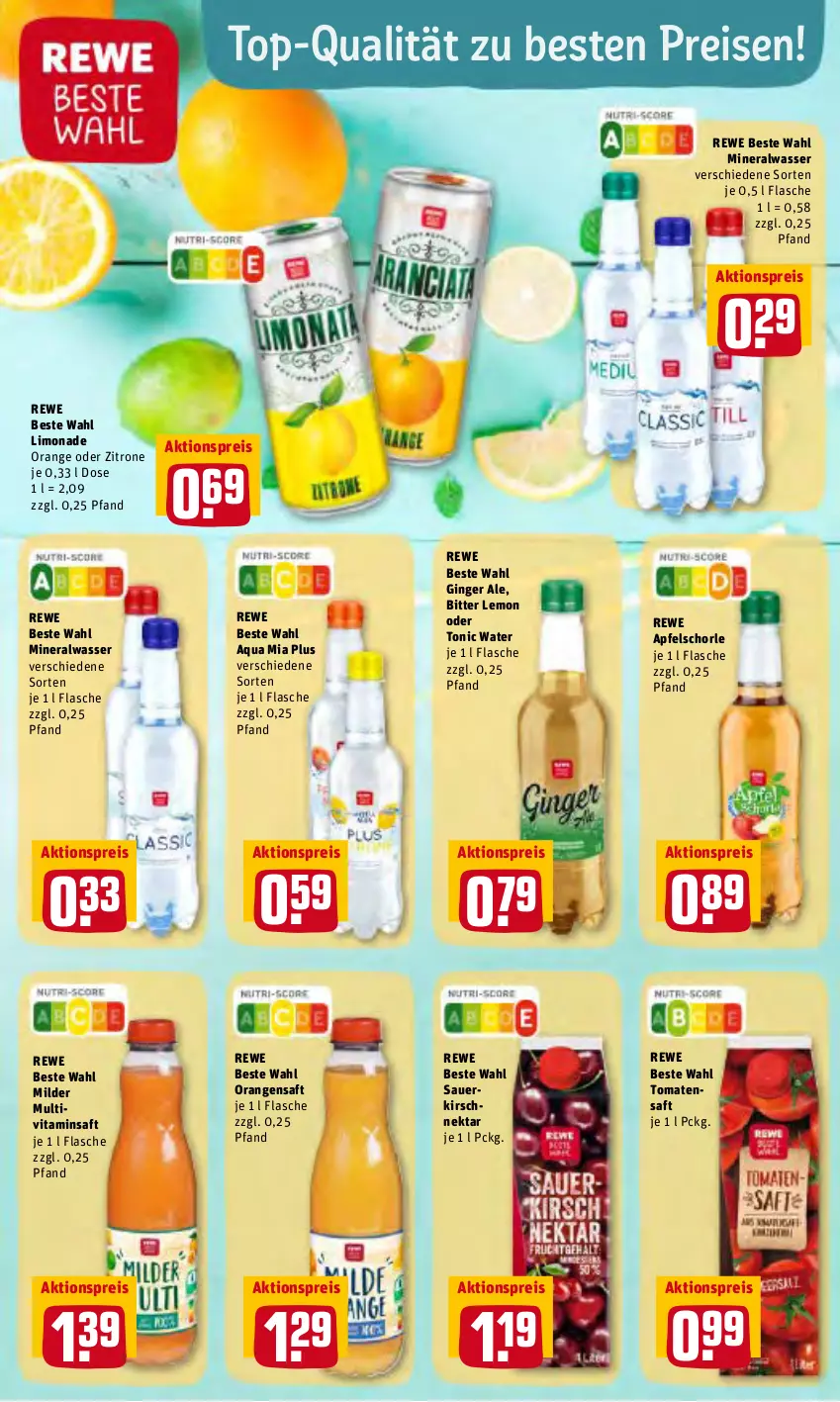 Aktueller Prospekt Rewe - Prospekte - von 14.02 bis 20.02.2022 - strona 29 - produkty: aktionspreis, Alwa, apfel, Apfelschorle, aqua, auer, bitter lemon, eis, flasche, gin, ginger, ginger ale, kirsch, limo, limonade, mineralwasser, Multivitaminsaft, Nektar, orange, orangen, orangensaft, reis, rewe beste wahl, saft, schorle, Ti, tomate, tomaten, Tomatensaft, tonic, tonic water, vita, wasser, zitrone