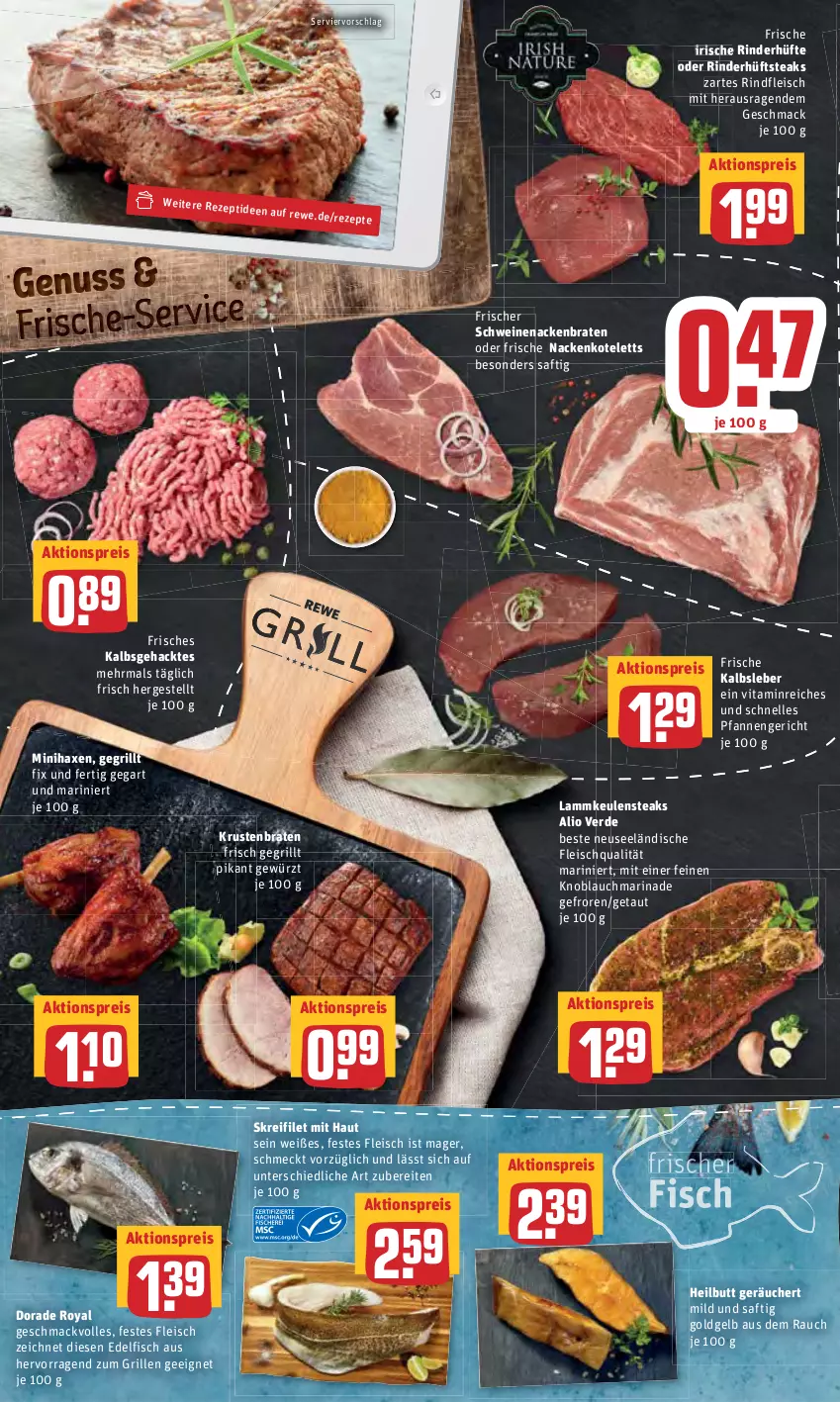 Aktueller Prospekt Rewe - Prospekte - von 14.02 bis 20.02.2022 - strona 4 - produkty: aktionspreis, axe, braten, Dorade, dorade royal, eis, elle, erde, filet, fisch, fleisch, gewürz, grill, Haxe, hüftsteak, hüftsteaks, Kalbsleber, knoblauch, kotelett, krustenbraten, lamm, lammkeule, mac, marinade, nackenkoteletts, nuss, pfanne, pfannen, Rauch, reis, rezept, rezepte, rind, rinder, Rinderhüfte, rindfleisch, saft, schwein, schweine, schweinenacken, steak, steaks, Ti, vita, wein, weine