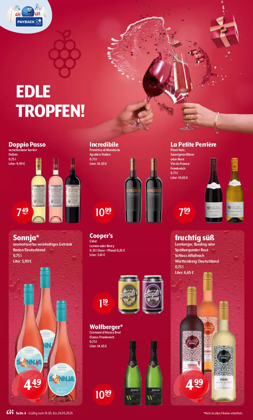 Aktueller Prospekt Getraenke Hoffmann - Prospekte - von 19.05 bis 24.05.2025 - strona 4 - produkty: Bad, Berger, brut, burgunder, cider, doppio passo, frucht, getränk, passo, Pinot, pinot noir, primitivo, Ria, riesling, sac, sauvignon, sauvignon blanc, spätburgunder, Ti, vin de france, wein