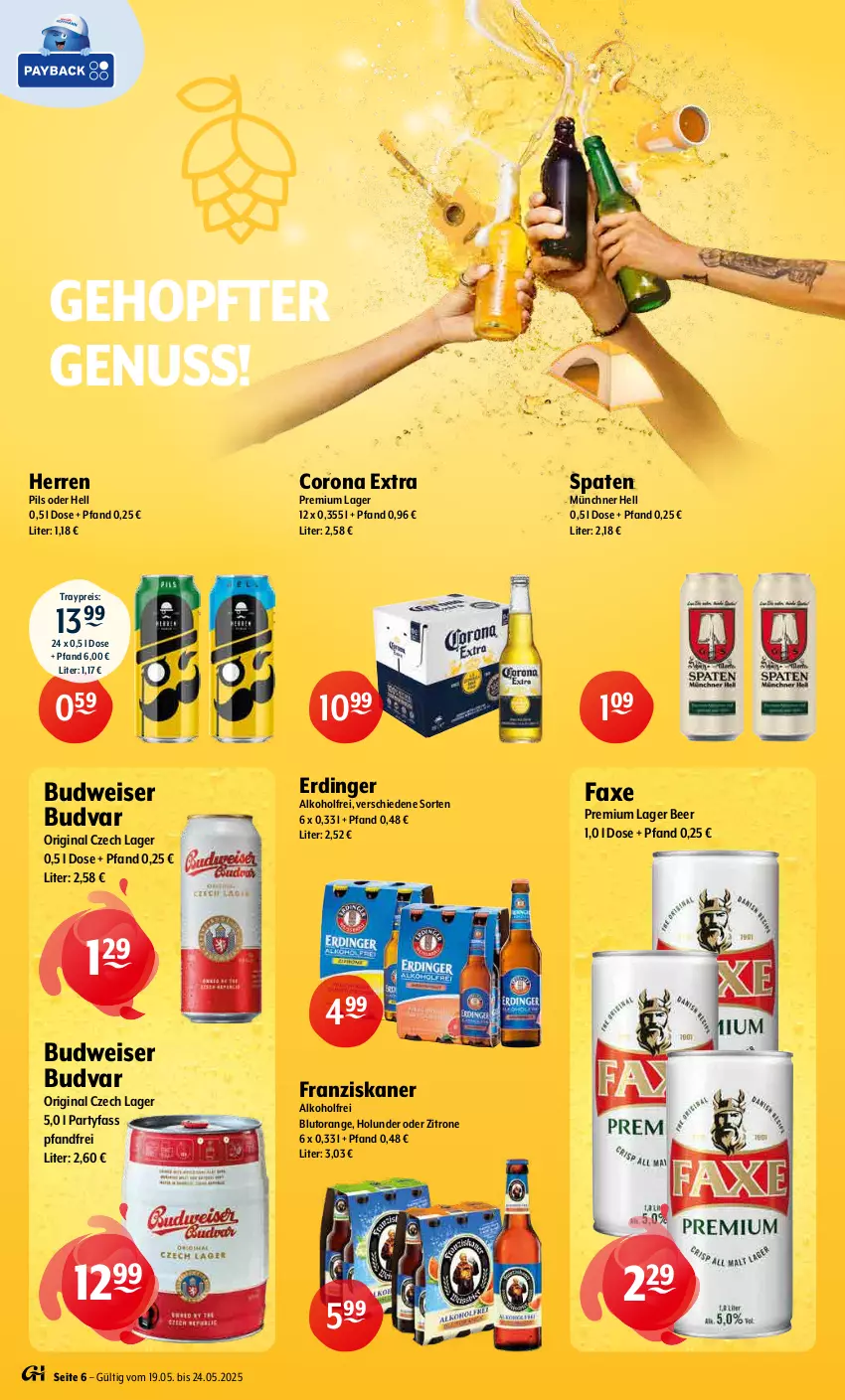 Aktueller Prospekt Getraenke Hoffmann - Prospekte - von 19.05 bis 24.05.2025 - strona 6 - produkty: alkohol, axe, Blutorange, budweiser, corona, corona extra, eis, erdinger, franziskaner, gin, holunder, nuss, orange, pils, reis, Spaten, Ti, zitrone