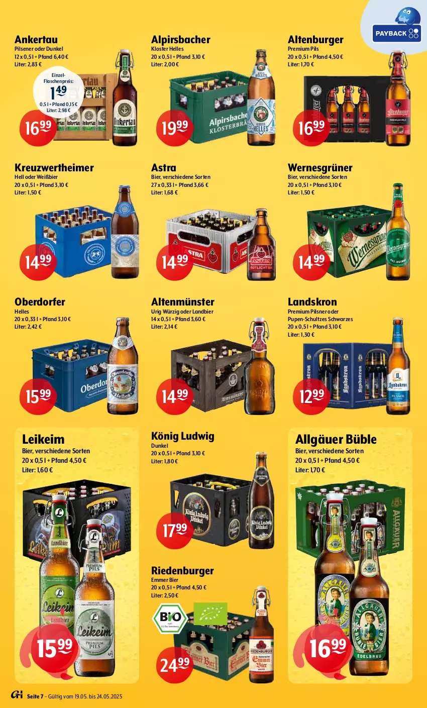 Aktueller Prospekt Getraenke Hoffmann - Prospekte - von 19.05 bis 24.05.2025 - strona 7 - produkty: Alpirsbacher, altenburger, Altenmünster, Astra, bier, burger, eimer, eis, elle, flasche, LG, pils, pilsener, pilsner, premium pils, reis, Ti