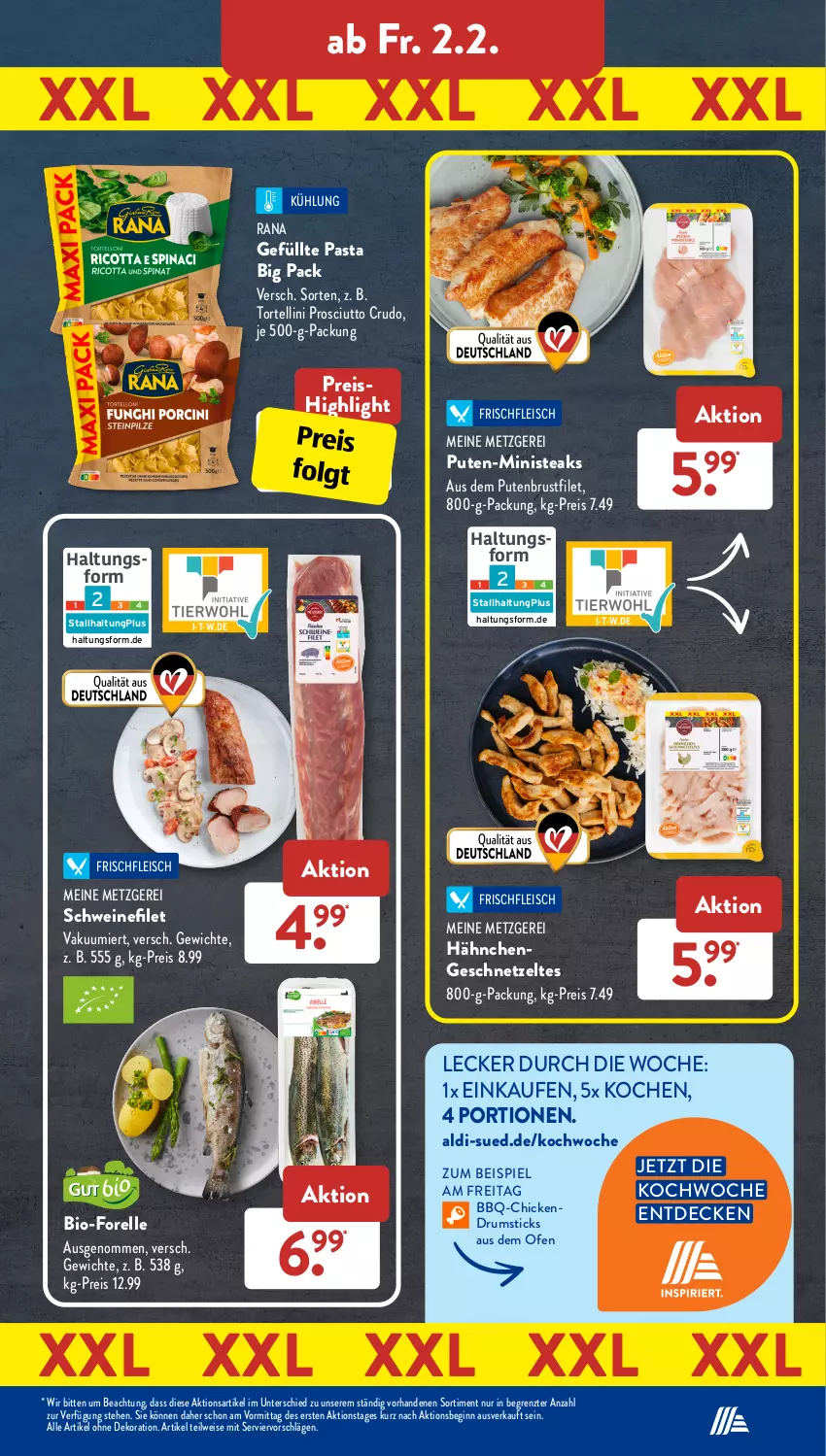 Aktueller Prospekt AldiSud - IN ZWEI WOCHEN - von 29.01 bis 03.02.2024 - strona 22 - produkty: aldi, alle artikel ohne dekoration, bio, brustfilet, decke, dekoration, eis, elle, filet, fleisch, forelle, geschnetzeltes, gin, Hähnchengeschnetzeltes, LG, Ofen, pasta, prosciutto, prosciutto crudo, pute, putenbrust, putenbrustfilet, Rana, reis, rel, rum, schwein, schweine, schweinefilet, steak, steaks, Ti, torte, tortellini, wein, weine, Zelt, ZTE