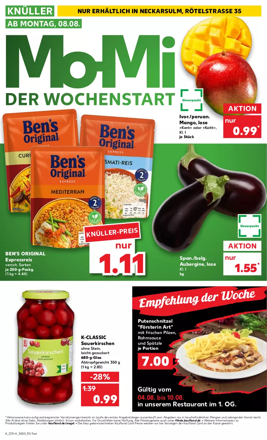 Aktueller Prospekt Kaufland - Spezielle Angebote - von 04.08 bis 10.08.2022 - strona 8 - produkty: angebot, angebote, aubergine, auer, eis, erde, gin, kirsch, kirsche, kirschen, LG, mango, pilze, pute, putenschnitzel, reis, sauce, sauerkirschen, schnitzel, Ti, ZTE, zucker