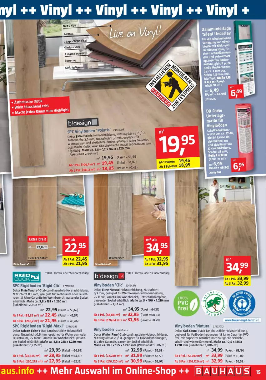 Aktueller Prospekt Bauhaus - Prospekte - von 29.10 bis 03.12.2022 - strona 15 - produkty: Bau, Brei, decor, elle, gin, Heizungen, Holz, landhausdiele, leine, mac, natur, natura, Palette, Schal, Ti, tisch, vinylboden, wasser