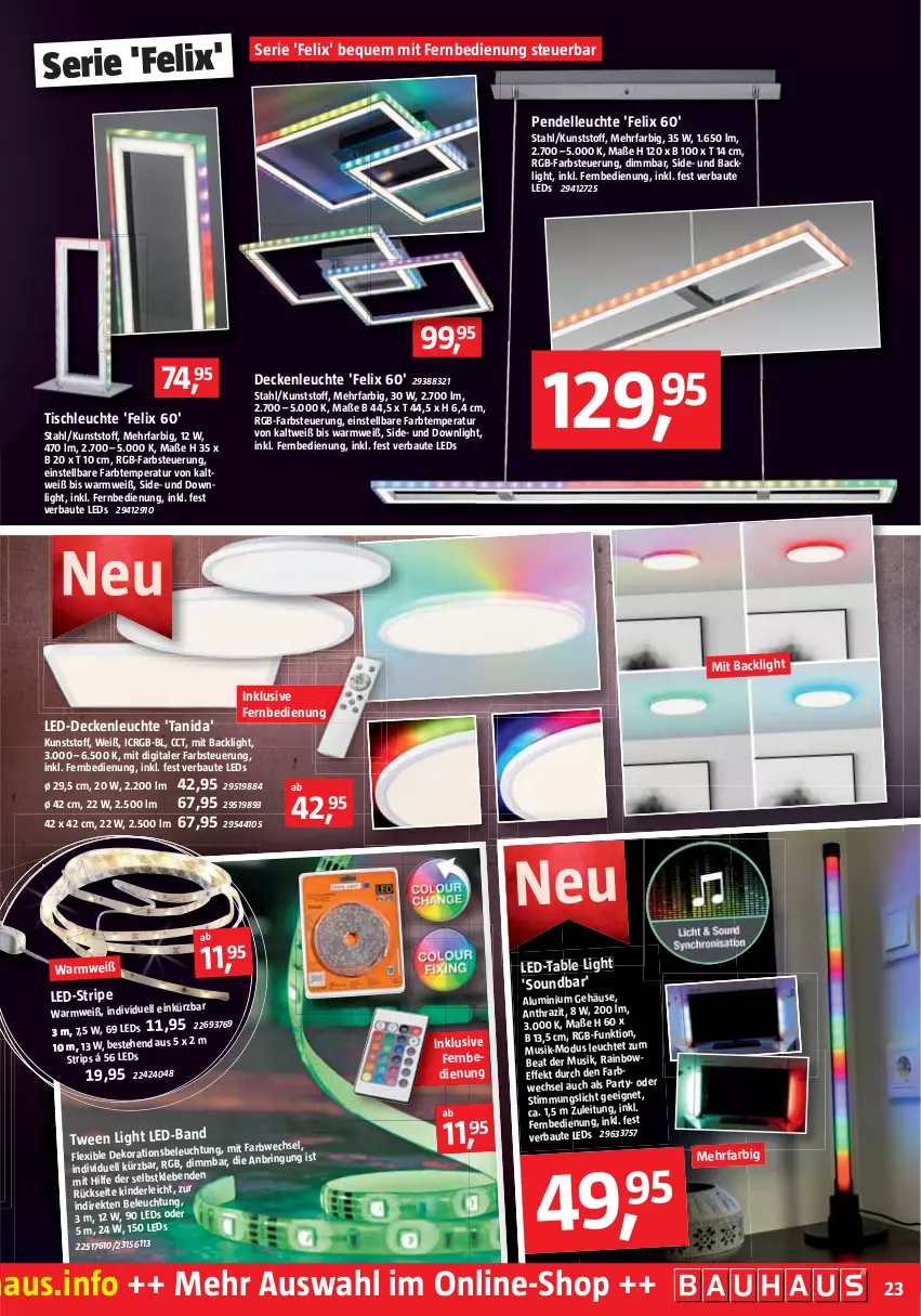 Aktueller Prospekt Bauhaus - Prospekte - von 29.10 bis 03.12.2022 - strona 23 - produkty: Bau, beleuchtung, decke, deckenleuchte, dekoration, dell, elle, felix, fernbedienung, Kinder, led-deckenleuchte, leds, Leuchte, mit fernbedienung, Pendelleuchte, ring, soundbar, Ti, tisch, tischleuchte